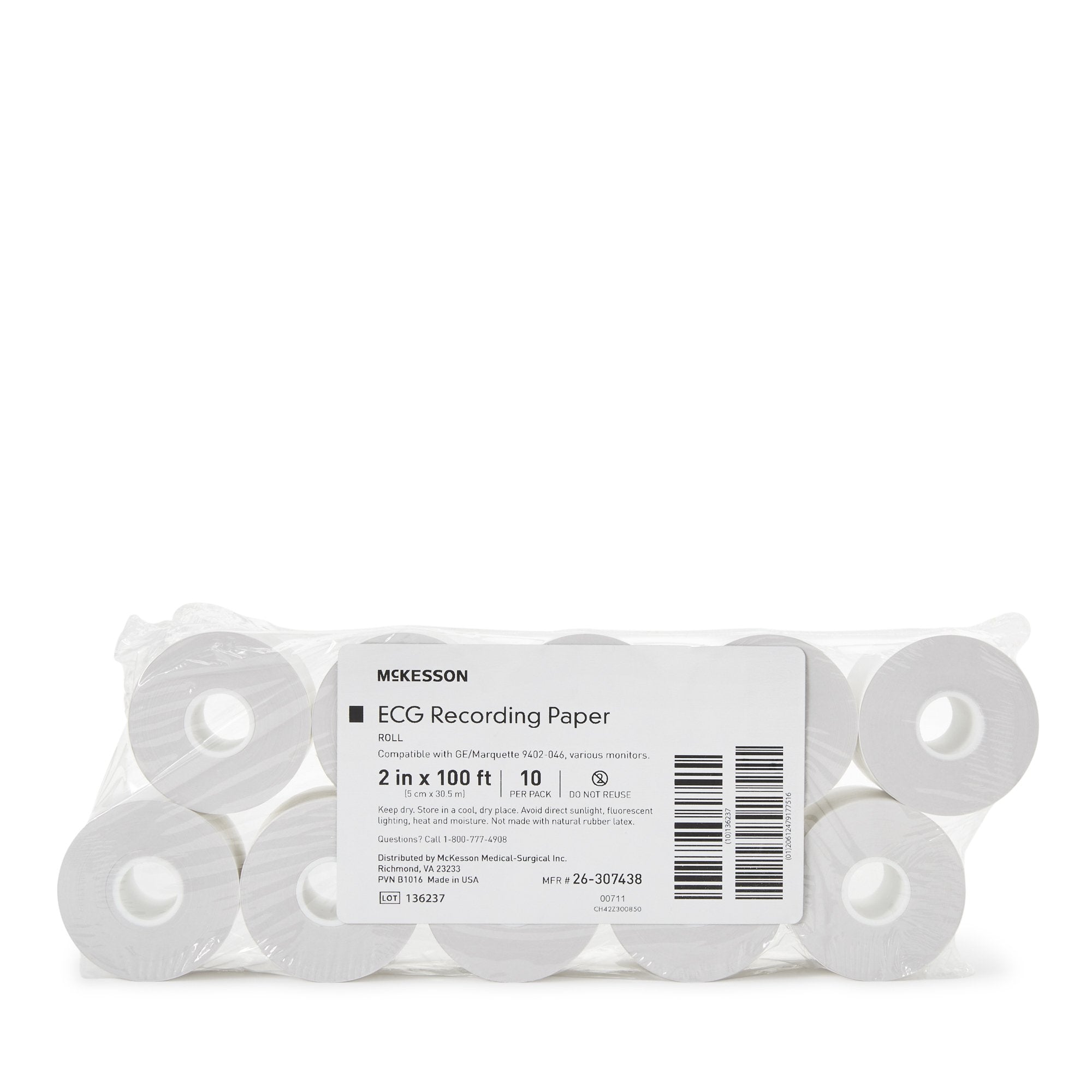 McKesson Brand - Recording Chart Paper McKesson Thermal 50 mm X 8 Foot Roll Without Grid [100/CS]