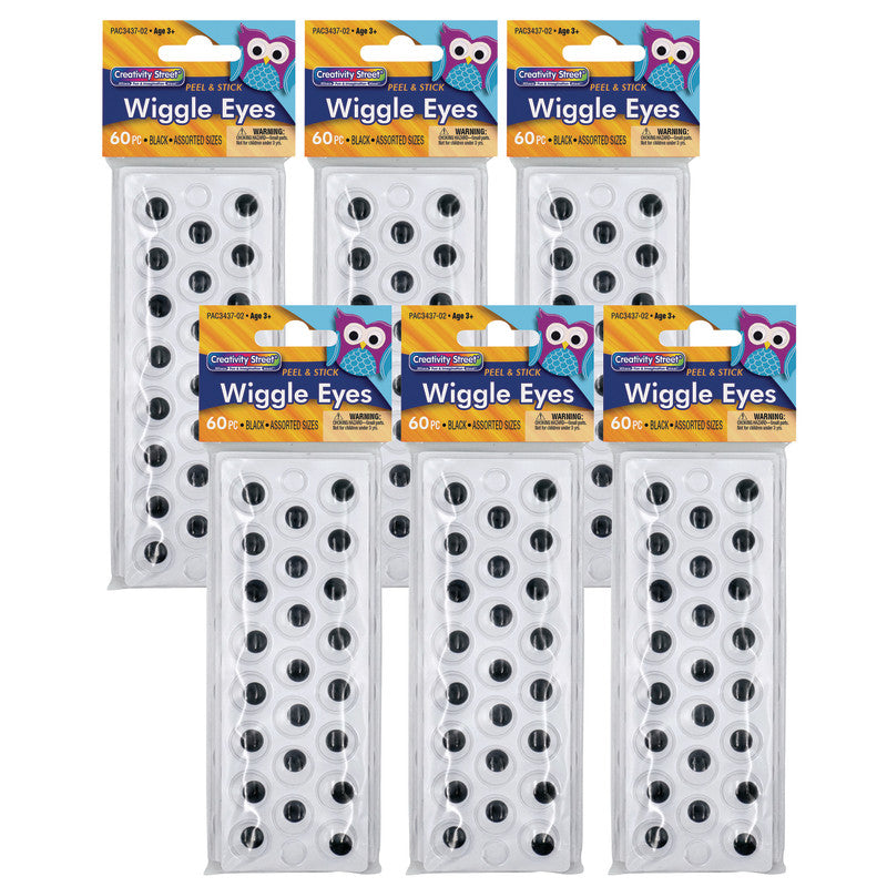 CREATIVITY STREET - Peel & Stick Wiggle Eyes on Sheets, Black, Assorted Sizes, 60 Per Pack, 6 Packs