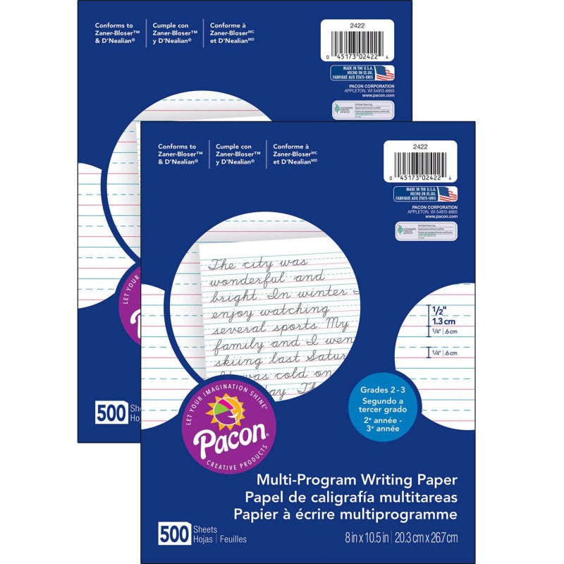 PACON - Multi-Program Handwriting Paper, 1/2" Ruled (Short Way), White, 10-1/2" x 8", 500 SheetsPer Pack, 2 Packs