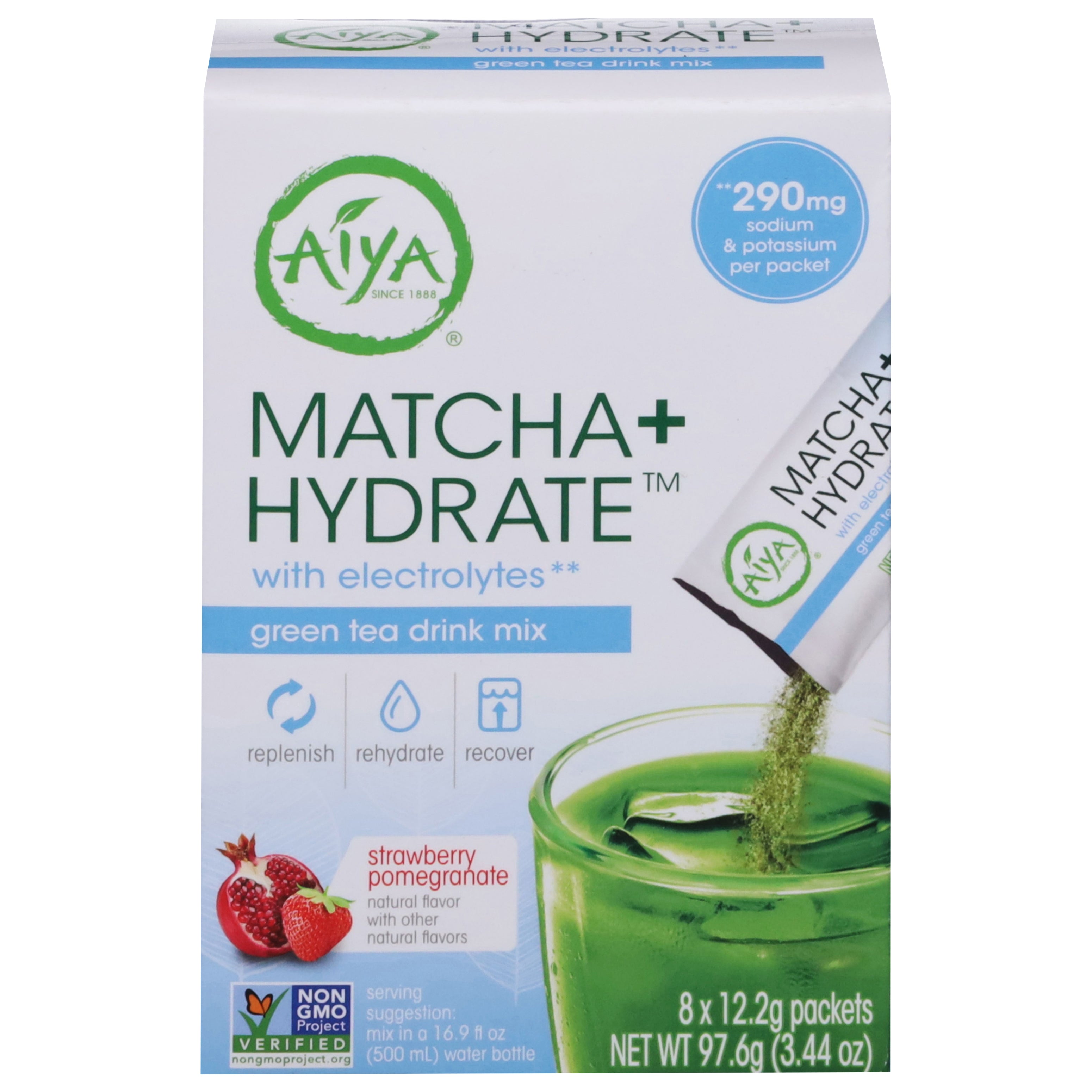 Aiya Matcha + Hydrate Strawberry Pomegranate Green Tea Drink Mix with Electrolytes 8 - 12.2 g Packets - Case of 6