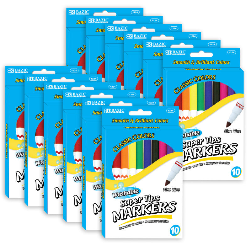 BAZIC PRODUCTS - Washable Markers, Super Tip, 10 Per Pack, 12 Packs