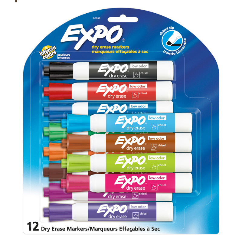 EXPO - Low Odor Dry Erase Markers, Chisel Tip, Assorted Colors, 12 Count
