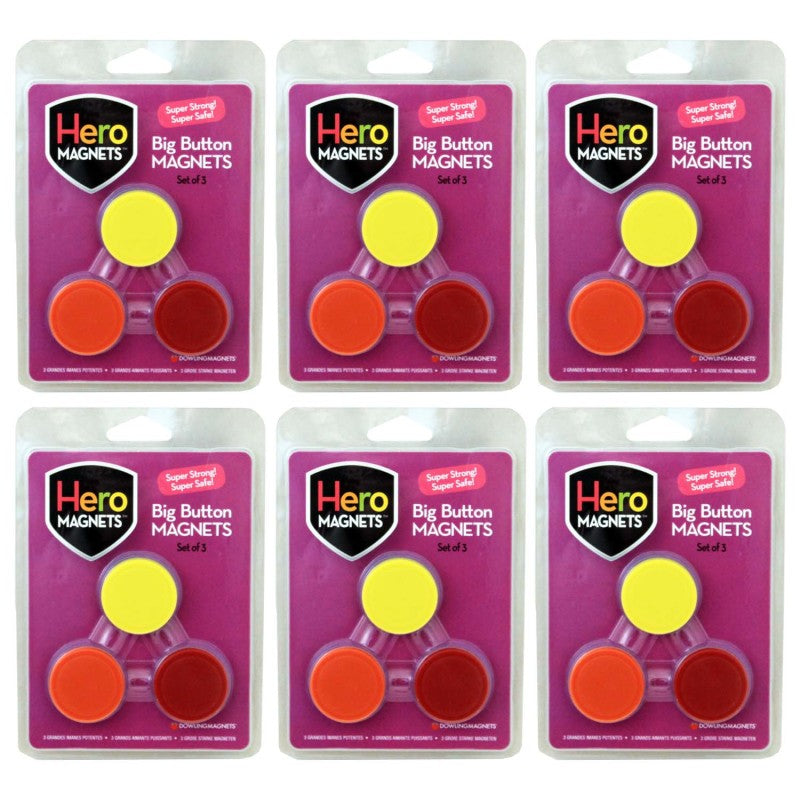 DOWLING MAGNETS - Hero Magnets: Big Button Magnets, 3 Per Pack, 6 Packs