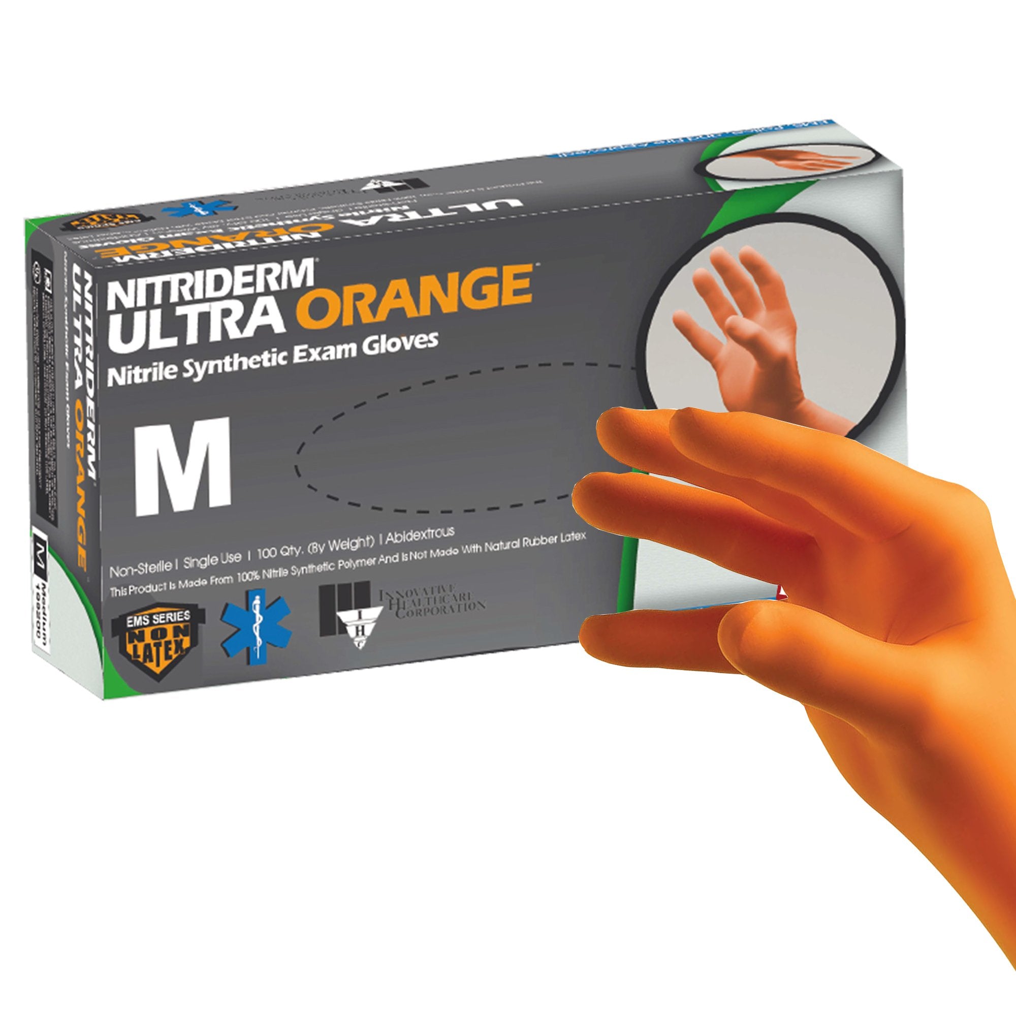 Innovative Healthcare Corp - Exam Glove NitriDerm® Ultra Orange™ Medium NonSterile Nitrile Standard Cuff Length Fully Textured Orange Fentanyl Tested [1000/CS]