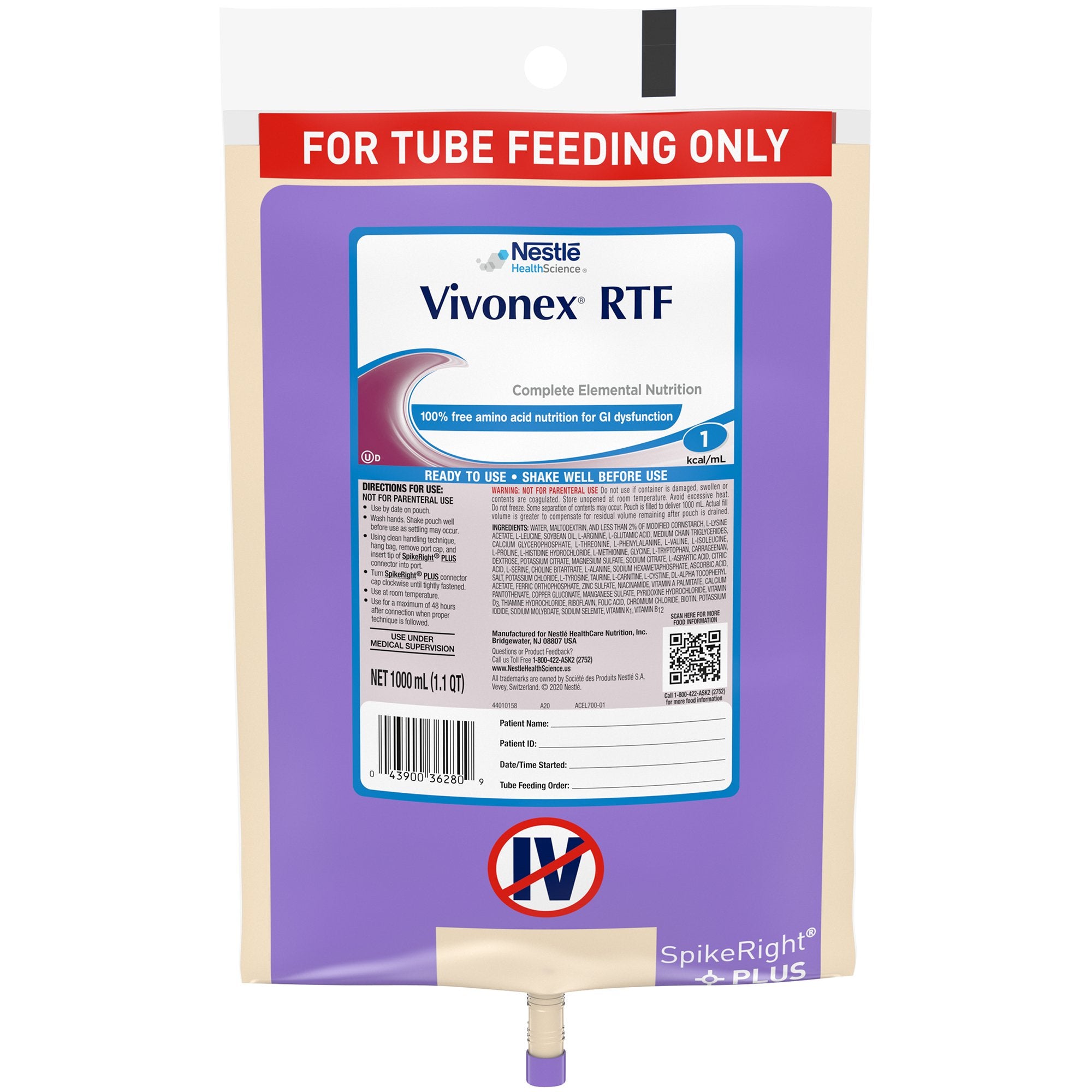 Nestle Healthcare Nutrition - Tube Feeding Formula Vivonex® RTF Unflavored Liquid 1000 mL Ready to Hang Prefilled Container [6/CS]