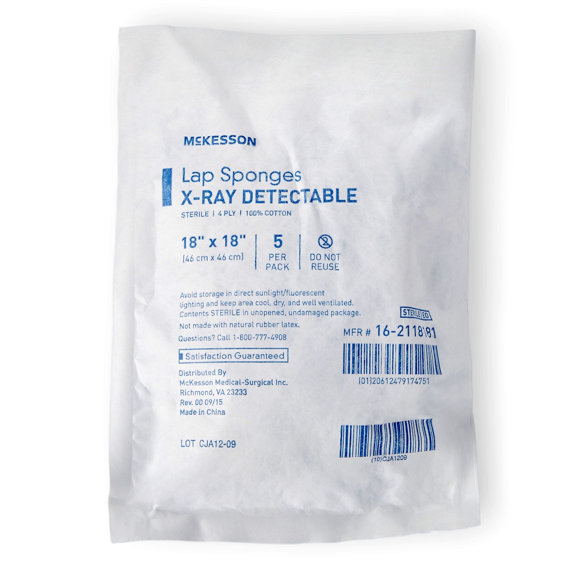 McKesson Brand - Surgical Laparotomy Sponge McKesson X-Ray Detectable Cotton 18 X 18 Inch 5 Count Soft Pack Sterile [40/CS]