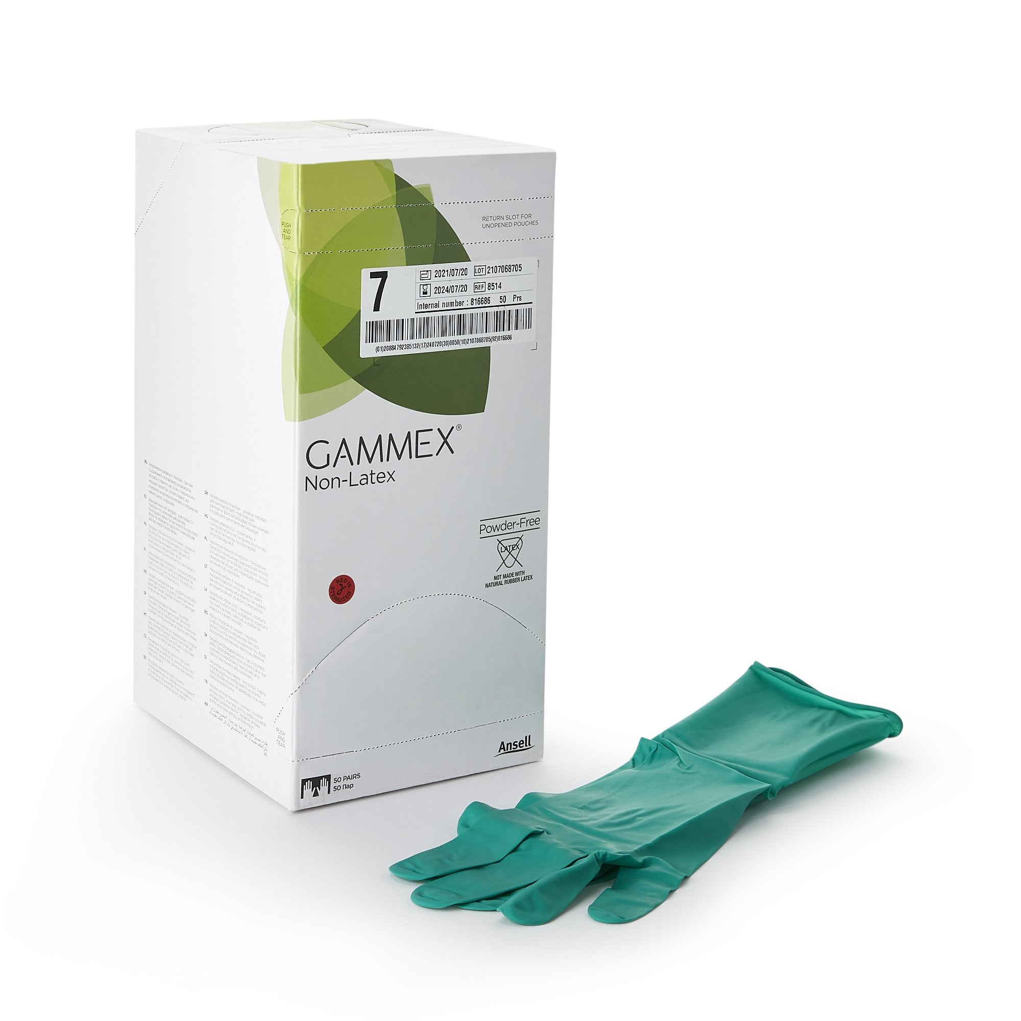 Ansell - Surgical Glove GAMMEX® Non-Latex Size 7 Sterile Polyisoprene Standard Cuff Length Micro-Textured Green Chemo Tested [200/CS]