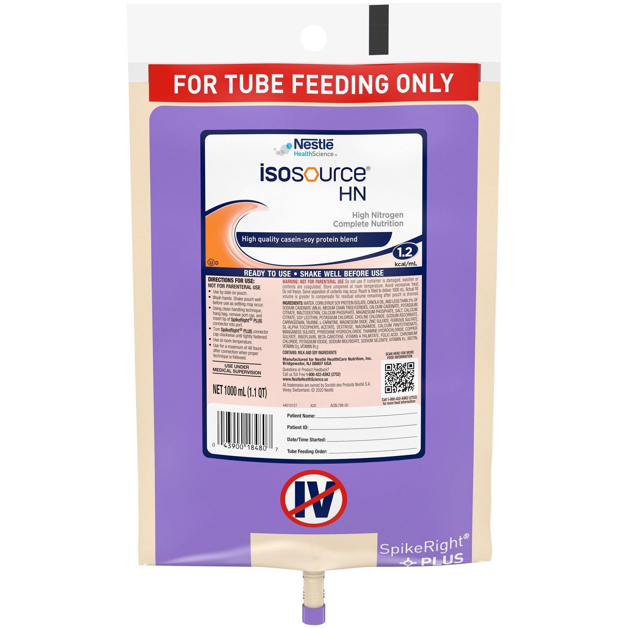 Nestle Healthcare Nutrition - Tube Feeding Formula Isosource® HN Unflavored Liquid 1000 mL Ready to Hang Prefilled Container [6/CS]