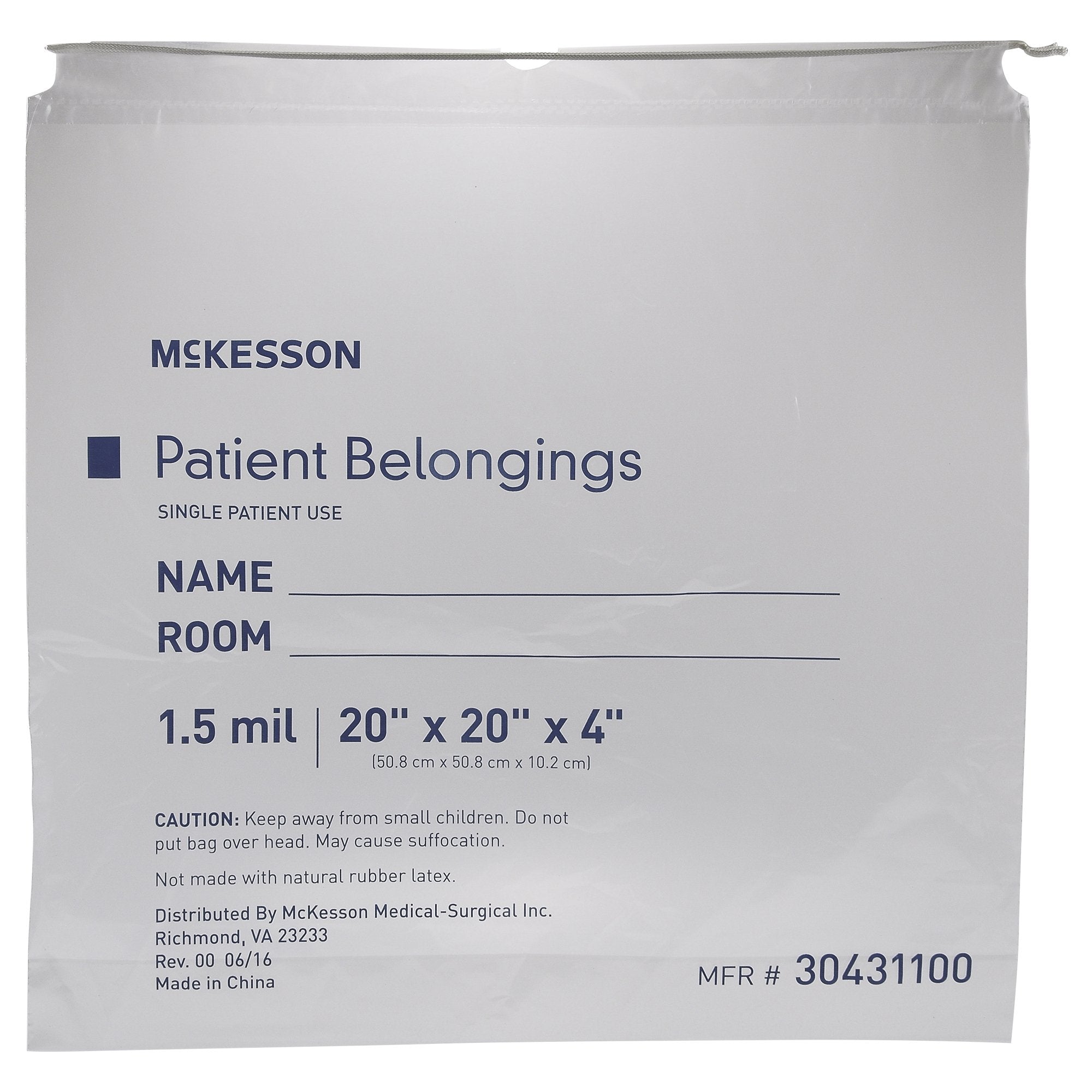 McKesson Brand - Patient Belongings Bag McKesson 4 X 20 X 20 Inch Polyethylene Drawstring Closure Clear [250/CS]