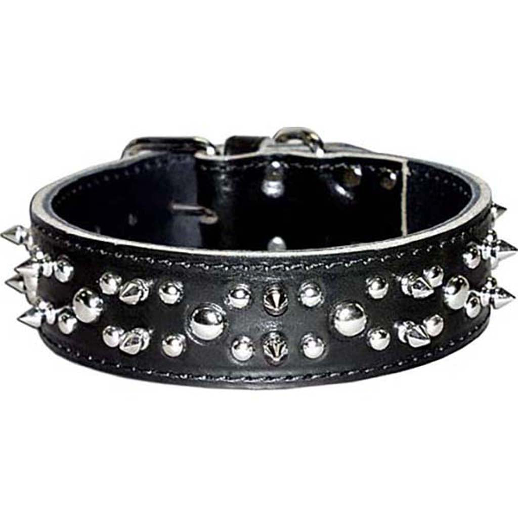 Latigo Leather Spike/Stud Dog Collar (BLACK, 1.75X22IN)