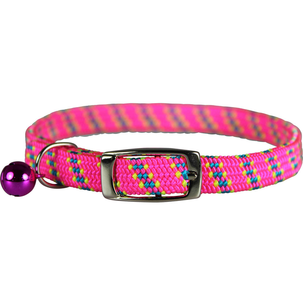 Pattern Stretch Cat Kwik Klip Collar W/ Bell (NEON PINK, 3/8 X 8-14 IN)