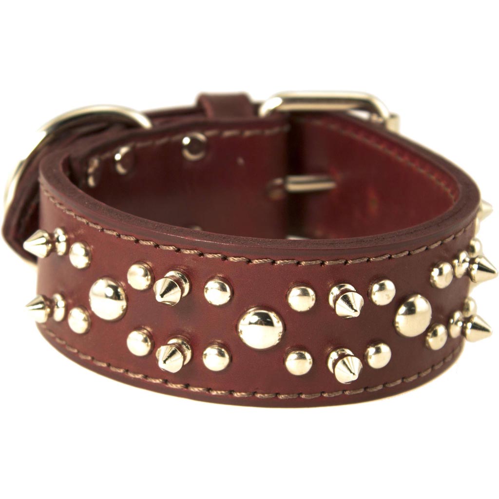 Latigo Leather Spike/Stud Dog Collar (BURGUNDY, 1.75X24IN)