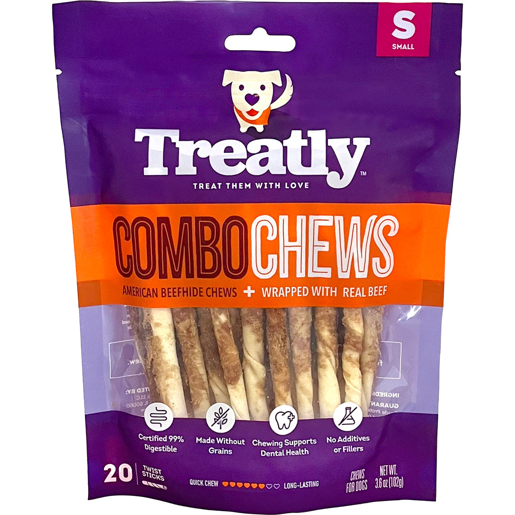 Treatly Beefhide Combo Chews Twist Sticks W/Meat W (BEEF, SM-20 PK)