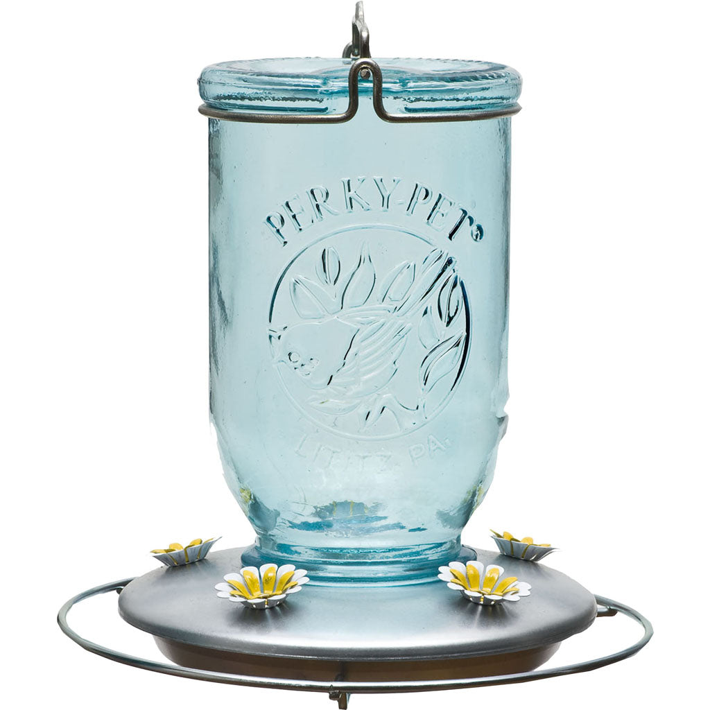 Mason Jar Glass Hummingbird Feeder (BLUE, 32 OZ CAP)