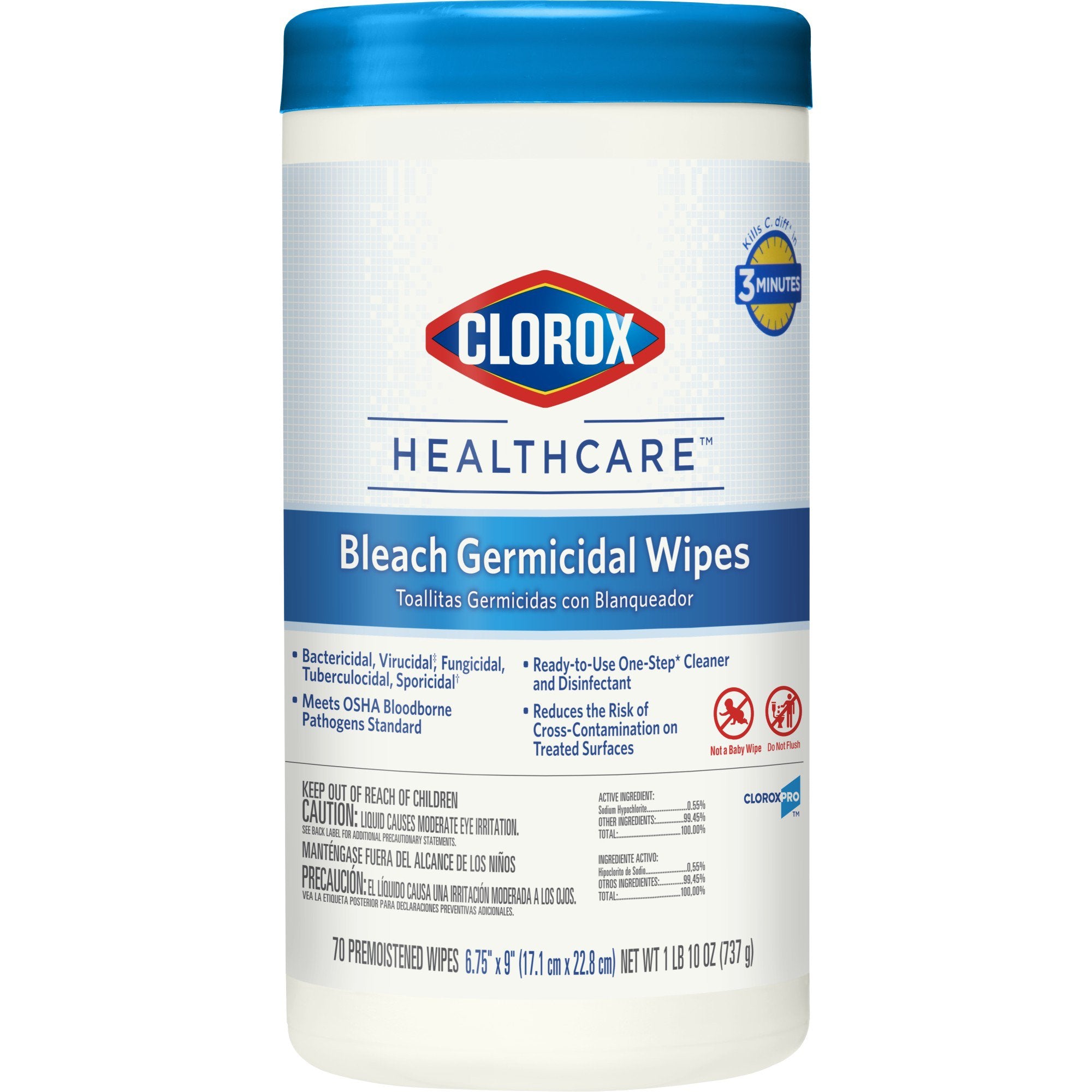 The Clorox Company - Clorox Healthcare® Surface Disinfectant Cleaner Premoistened Bleach Germicidal Manual Pull Wipe 70 Count Canister Chlorine Scent NonSterile [6/CS]