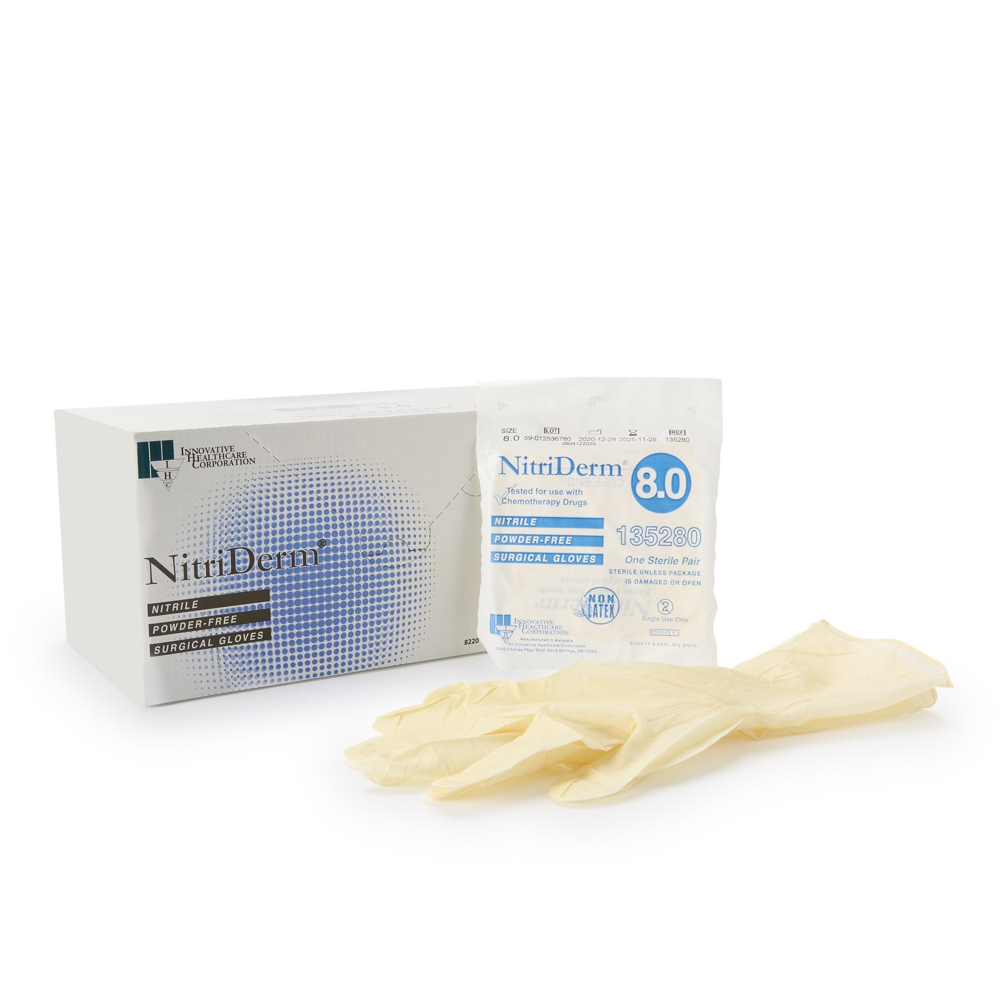 Innovative Healthcare Corp - Surgical Glove NitriDerm® Size 8 Sterile Nitrile Standard Cuff Length Fully Textured White Chemo Tested [200/CS]