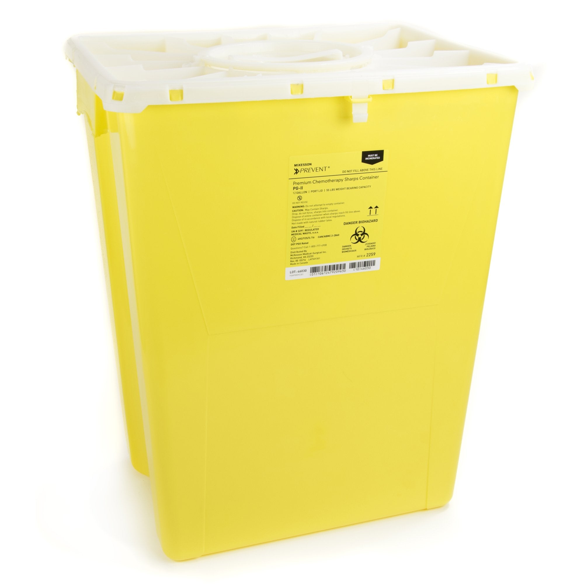 McKesson Brand - Chemotherapy Waste Container McKesson Prevent® Yellow Base 20-4/5 H X 17-3/10 W X 13 L Inch Vertical Entry 12 Gallon [8/CS]