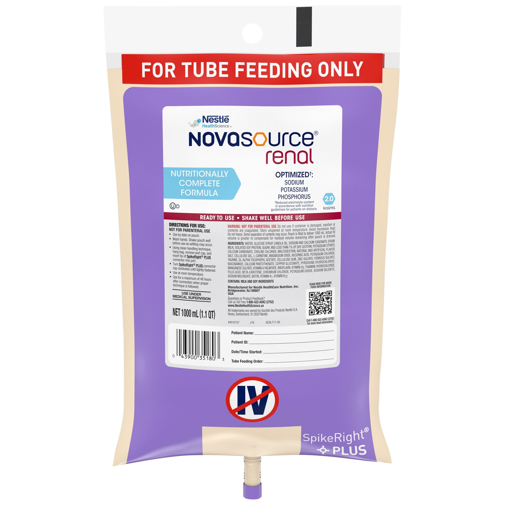 Nestle Healthcare Nutrition - Tube Feeding Formula Novasource® Renal Unflavored Liquid 1000 mL Ready to Hang Prefilled Container [6/CS]