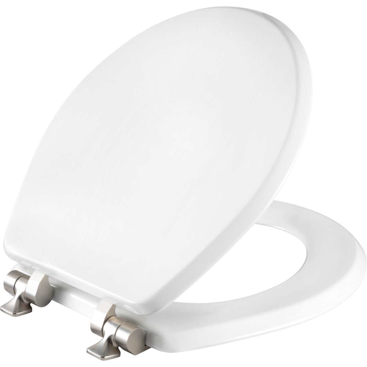 Mayfair Benton® Round Enameled Wood Toilet Seat in White with STA-TITE® Seat Fastening System® and Whisper•Close® Brushed Nickel Hinge