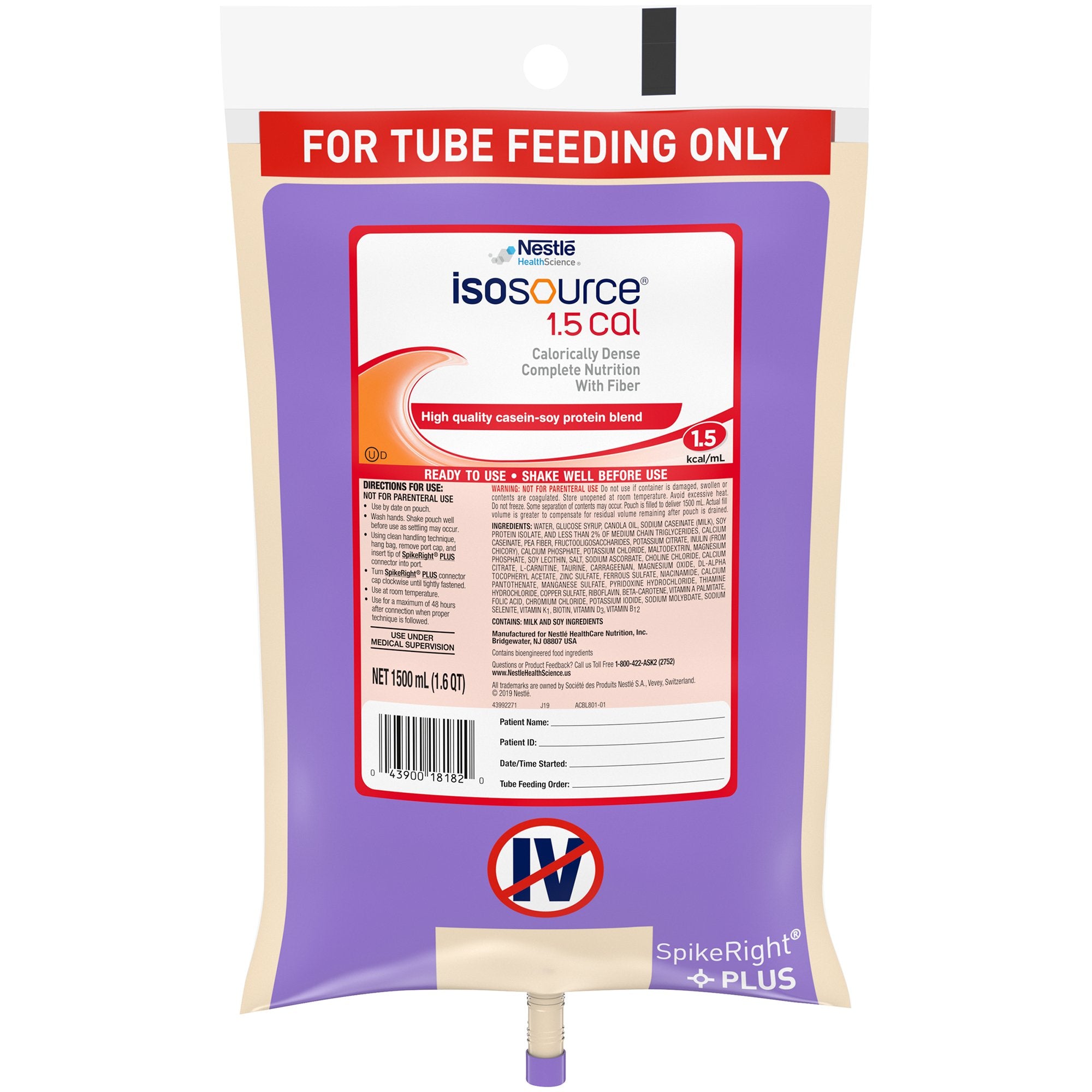 Nestle Healthcare Nutrition - Tube Feeding Formula Isosource® 1.5 Cal Unflavored Liquid 1500 mL Ready to Hang Prefilled Container [4/CS]