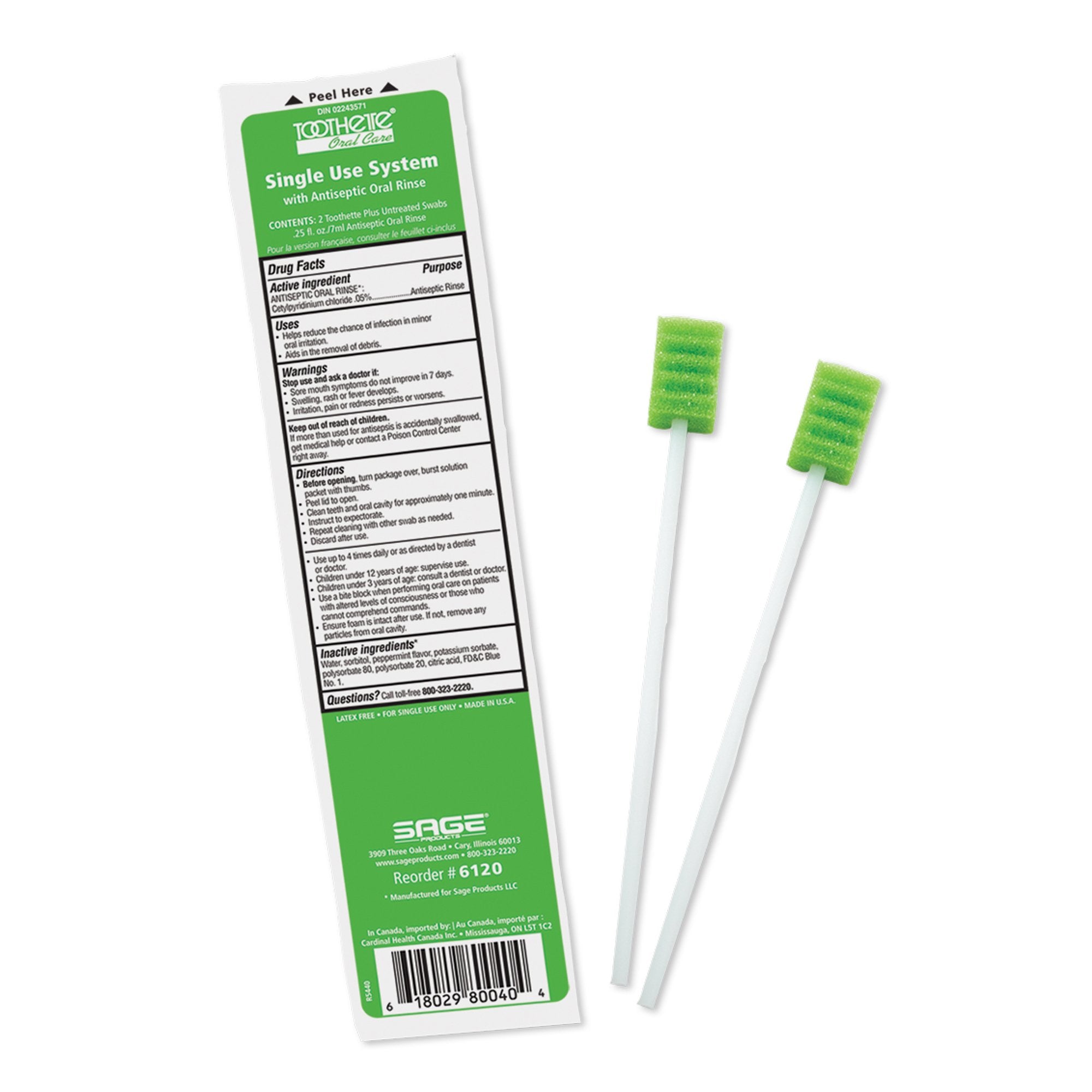 Sage Products - Oral Swab Toothette® Plus Mouthwash Foam Tip 2 per Pack [100/CS]