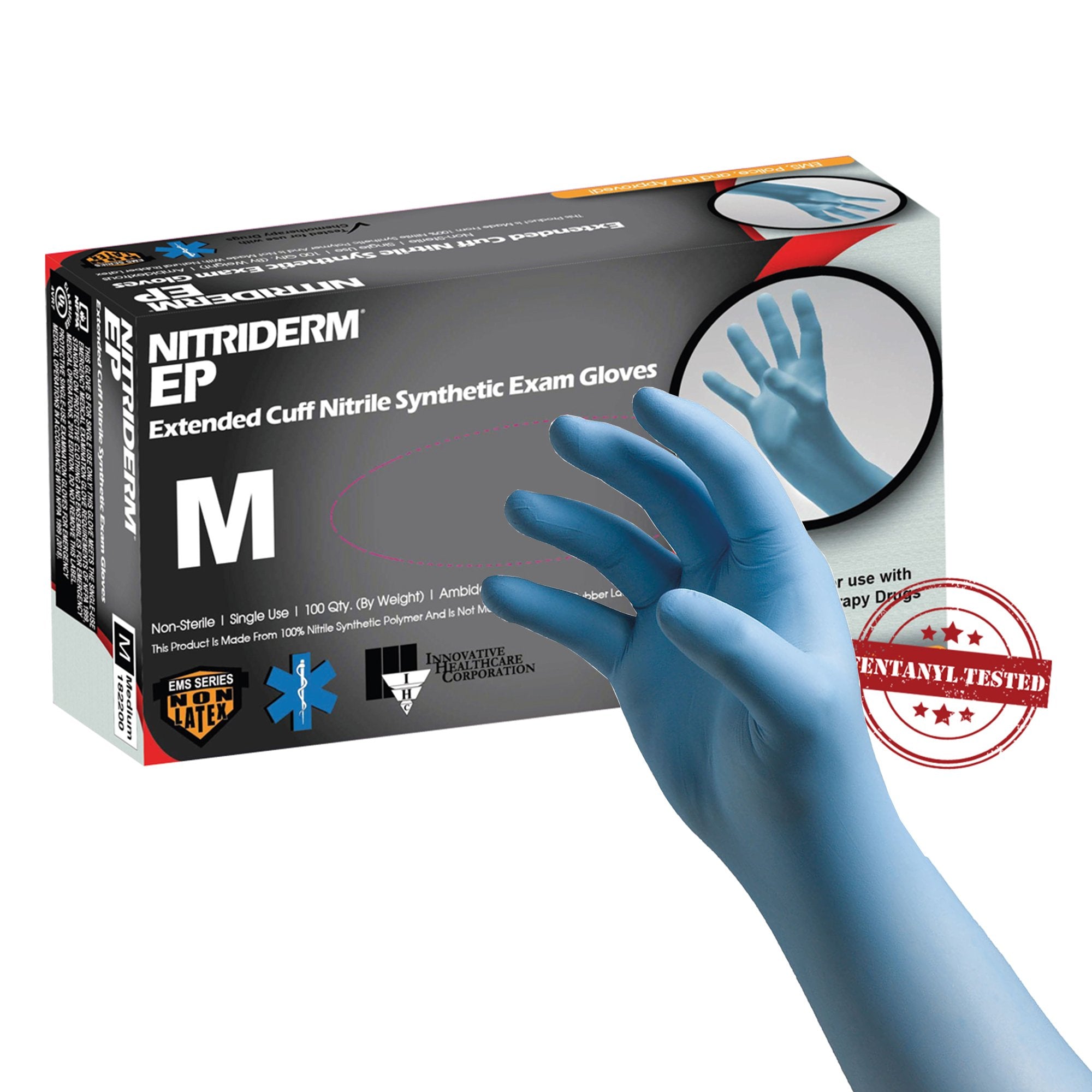 Innovative Healthcare Corp - Exam Glove NitriDerm® EP Medium NonSterile Nitrile Extended Cuff Length Fully Textured Blue Chemo Tested / Fentanyl Tested [1000/CS]