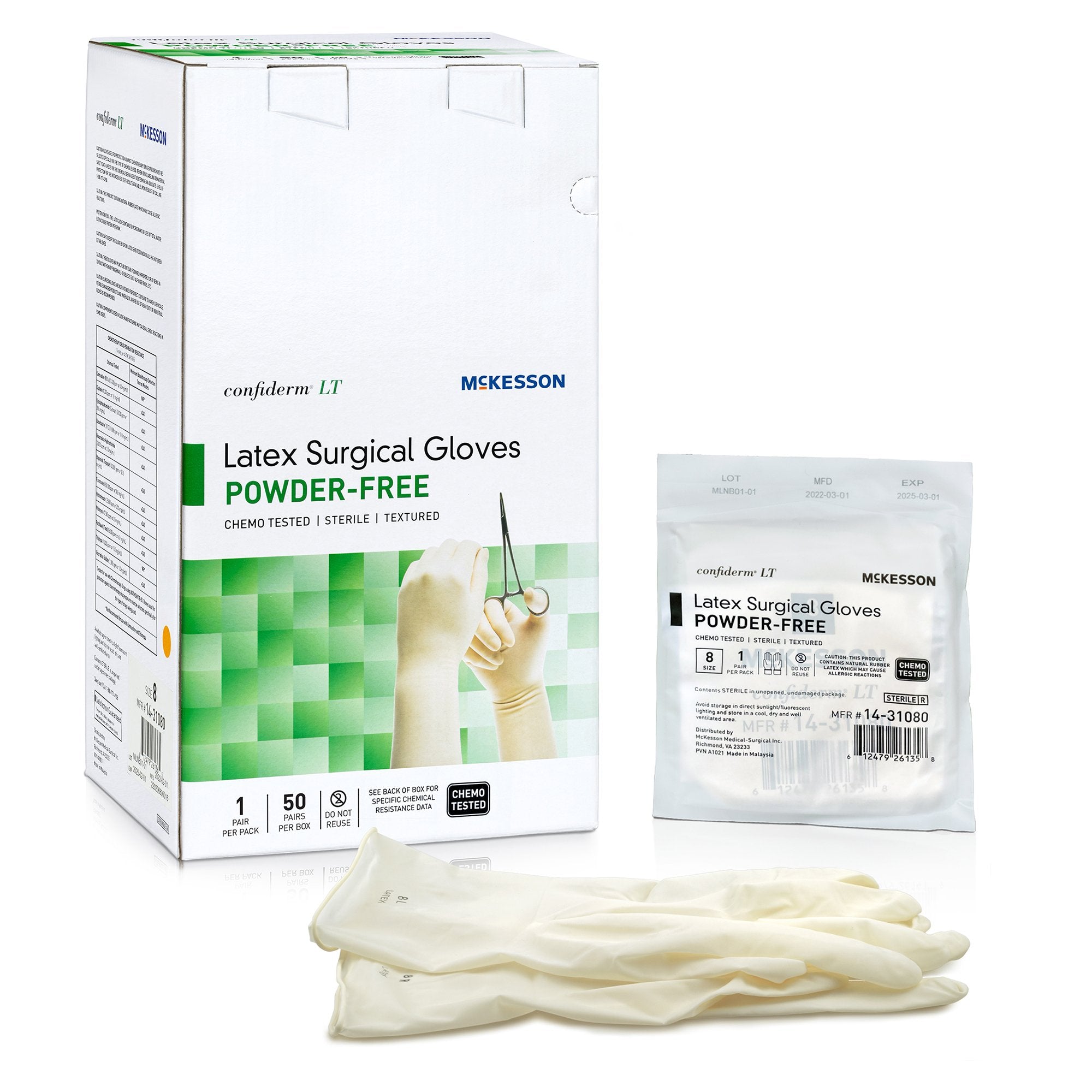 McKesson Brand - Surgical Glove Confiderm® LT Size 8 Sterile Latex Standard Cuff Length Fully Textured Ivory Chemo Tested [200/CS]