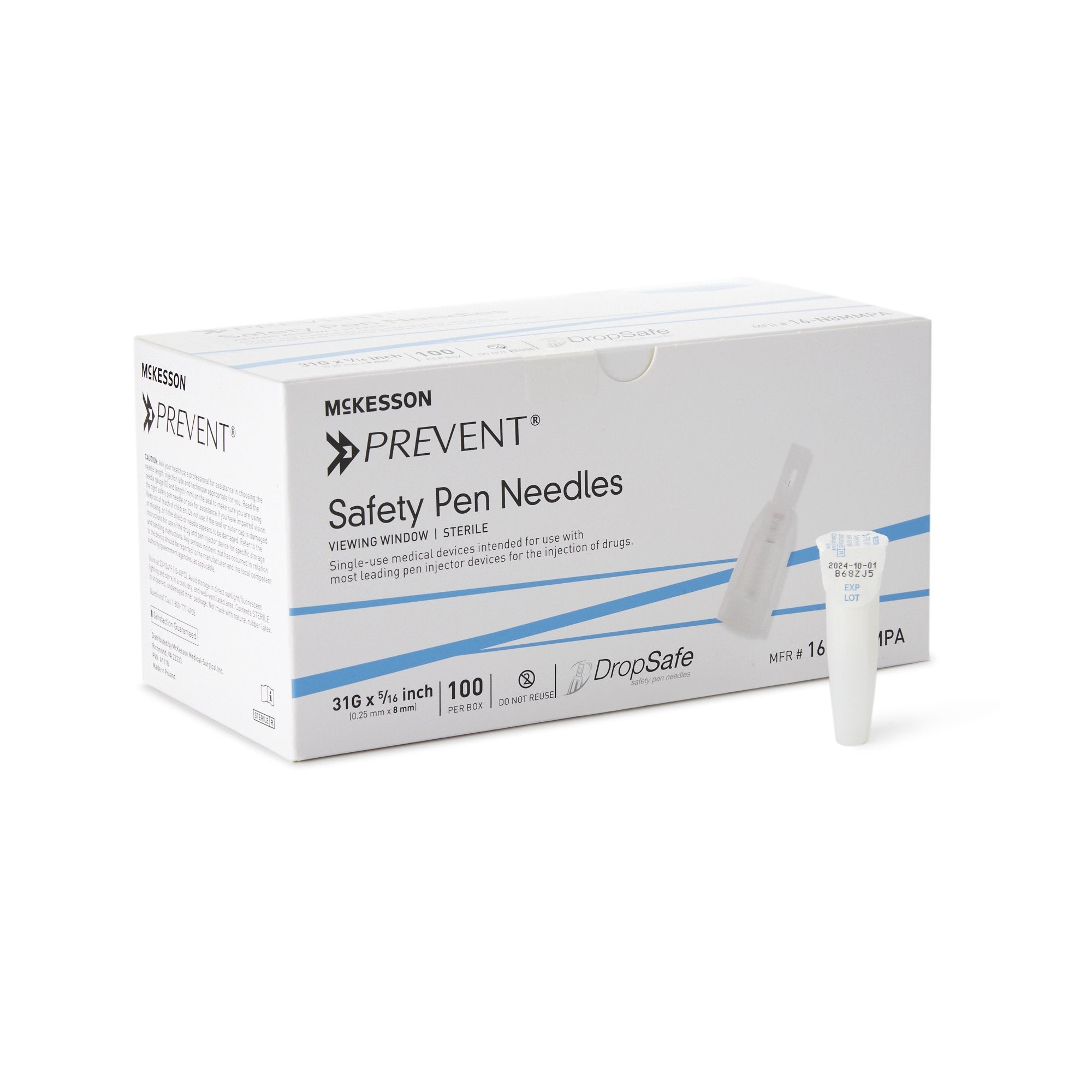 McKesson Brand - Safety Insulin Pen Needle McKesson Prevent® 31 Gauge 8 mm Length Automatic Safety Without Back-End Shield [2000/CS]