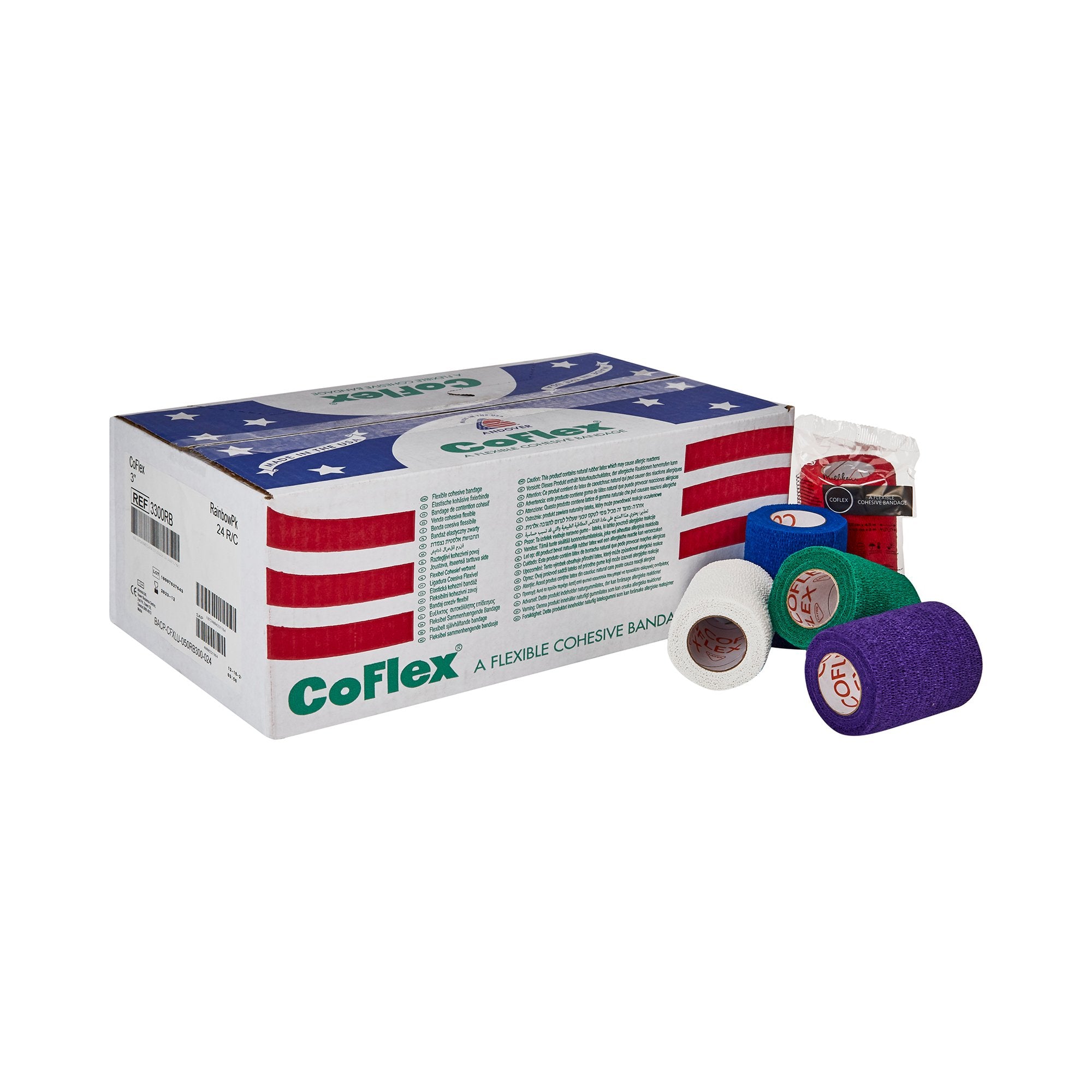 Andover Coated Products - Cohesive Bandage CoFlex® 3 Inch X 5 Yard Self-Adherent Closure Teal / Blue / White / Purple / Red / Green NonSterile 14 lbs. Tensile Strength [24/CS]