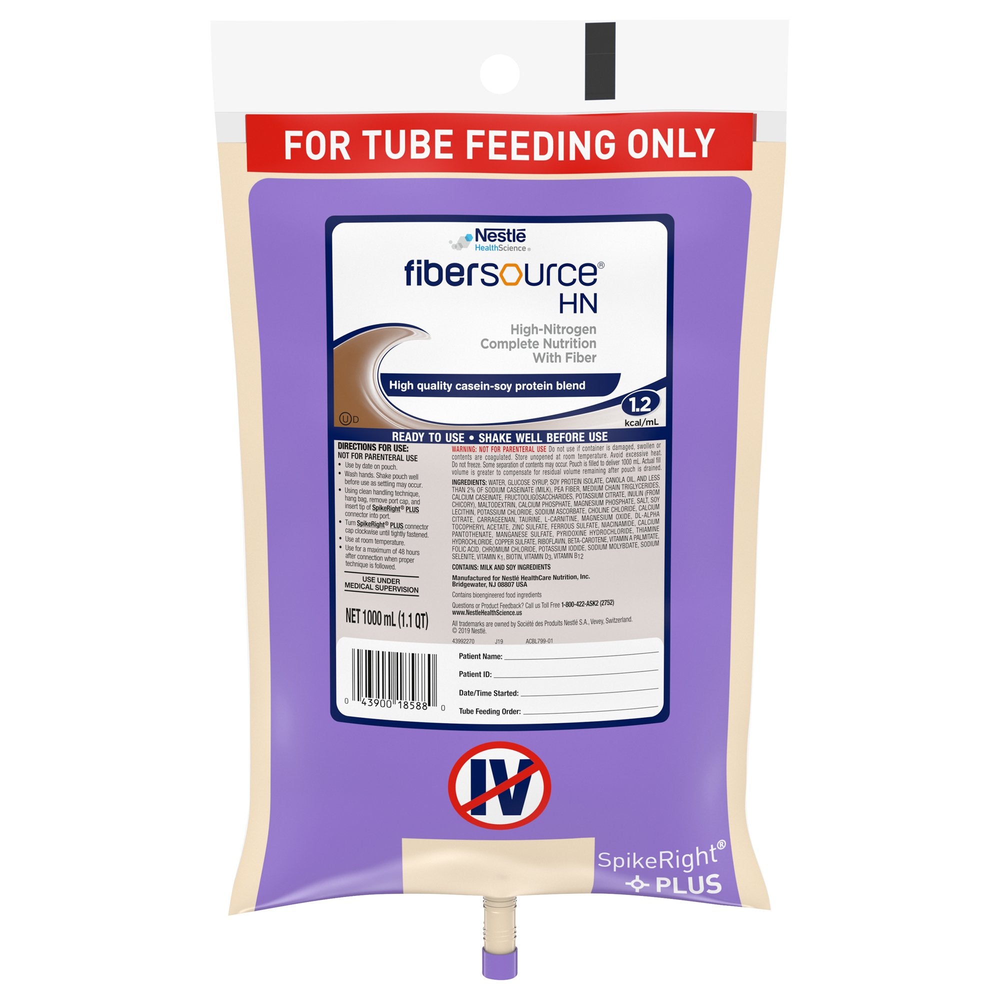 Nestle Healthcare Nutrition - Tube Feeding Formula Fibersource® HN Unflavored Liquid 1000 mL Ready to Hang Prefilled Container [6/CS]