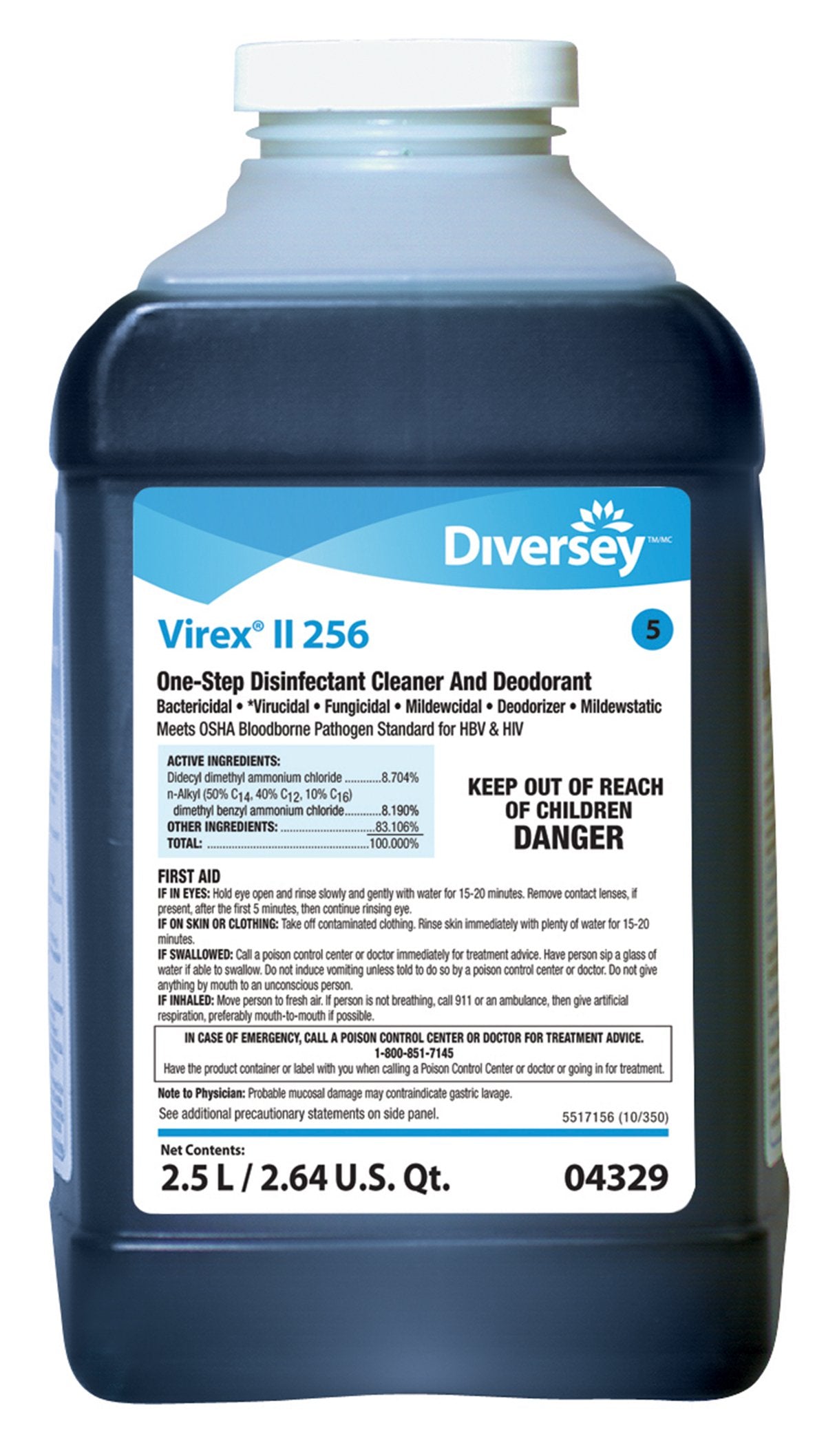 Lagasse - Diversey™ Virex® II 256 Surface Disinfectant Cleaner Quaternary Based J-Fill® Dispensing Systems Liquid Concentrate 2.5 Liter Bottle Mint Scent NonSterile [2/CS]