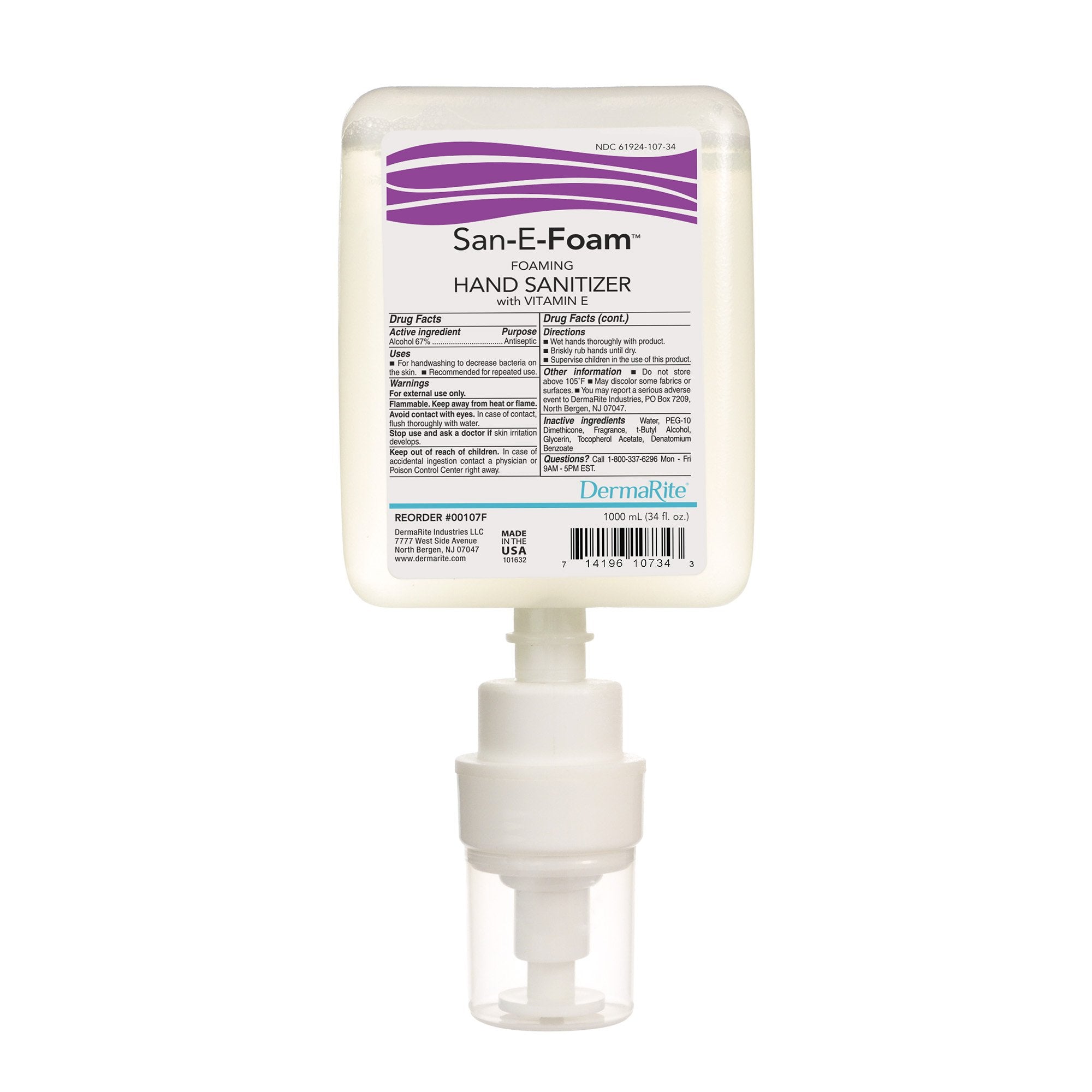 DermaRite Industries - Hand Sanitizer San-E-Foam™ 1,000 mL Ethyl Alcohol Foaming Dispenser Refill Bottle [6/CS]