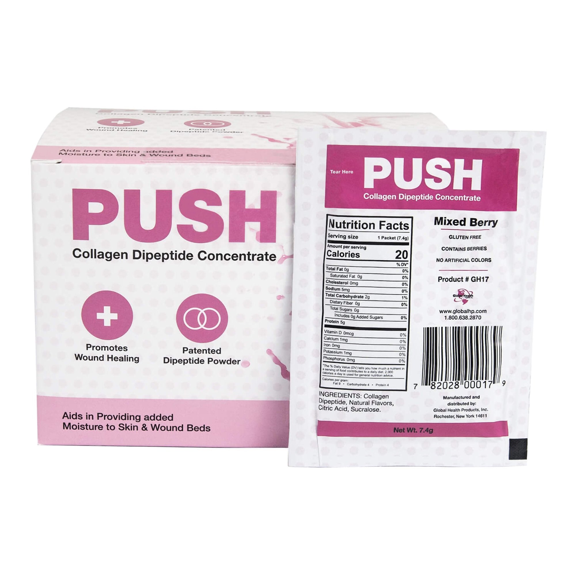 Global Health Products - Oral Supplement PUSH Collagen Dipeptide Concentrate Mixed Berry Flavor Powder 7.4 Gram Individual Packet [180/CS]