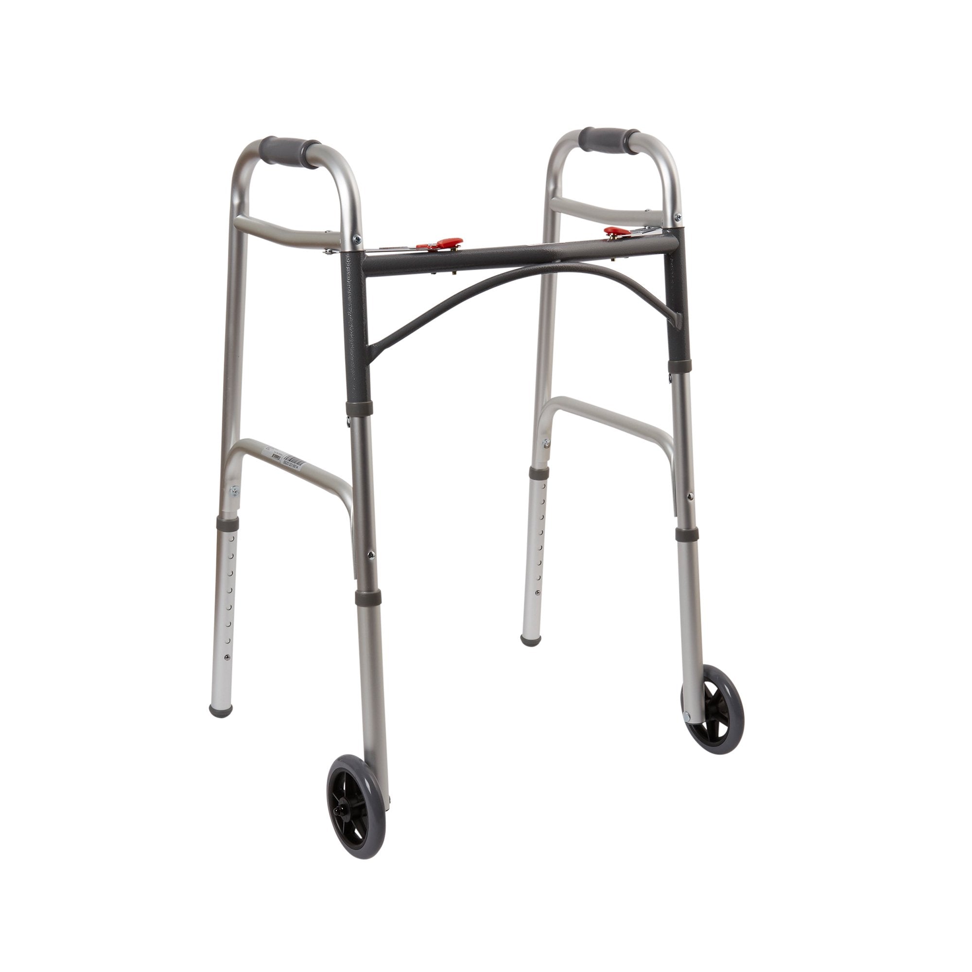 McKesson Brand - Dual Release Folding Walker with Wheels Adjustable Height McKesson Aluminum Frame 350 lbs. Weight Capacity 32 to 39 Inch Height [4/CS]