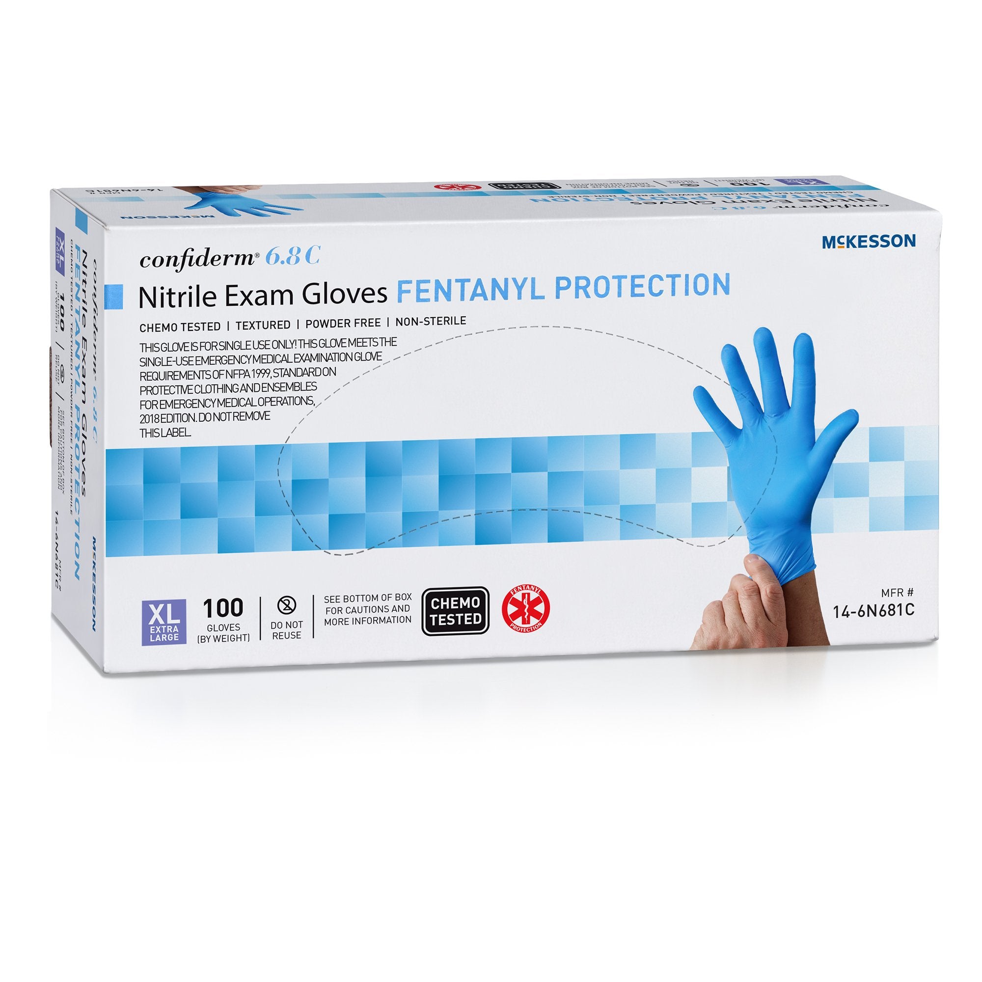 McKesson Brand - Exam Glove McKesson Confiderm® 6.8C X-Large NonSterile Nitrile Standard Cuff Length Fully Textured Blue Chemo Tested / Fentanyl Tested [1000/CS]