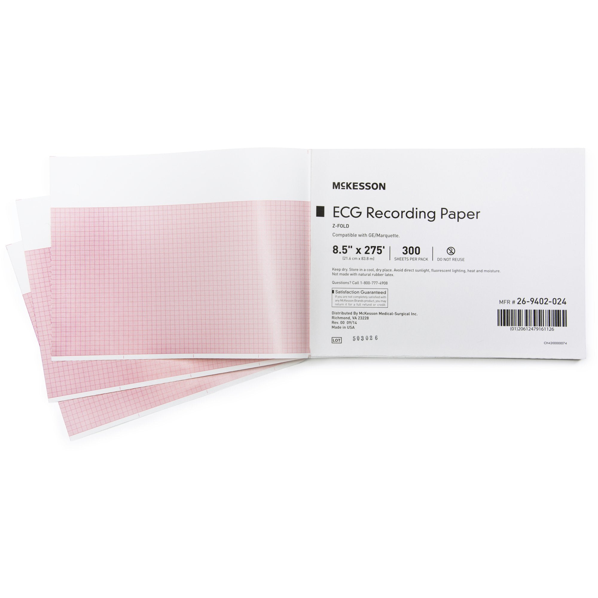 McKesson Brand - Recording Chart Paper McKesson Thermal 8-1/2 Inch X 275 Foot Z-Fold Red Grid [3000/CS]