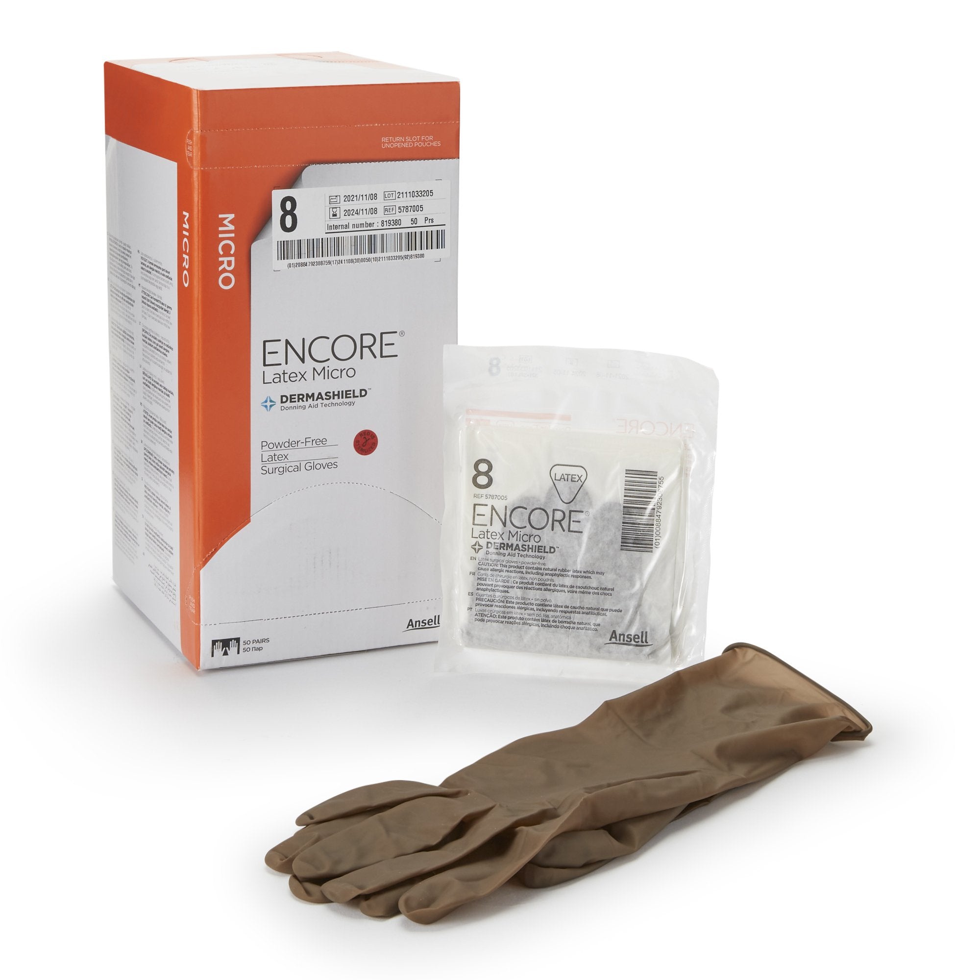 Ansell - Surgical Glove ENCORE® Latex Micro Size 8 Sterile Latex Standard Cuff Length Micro-Textured Brown Chemo Tested [200/CS]