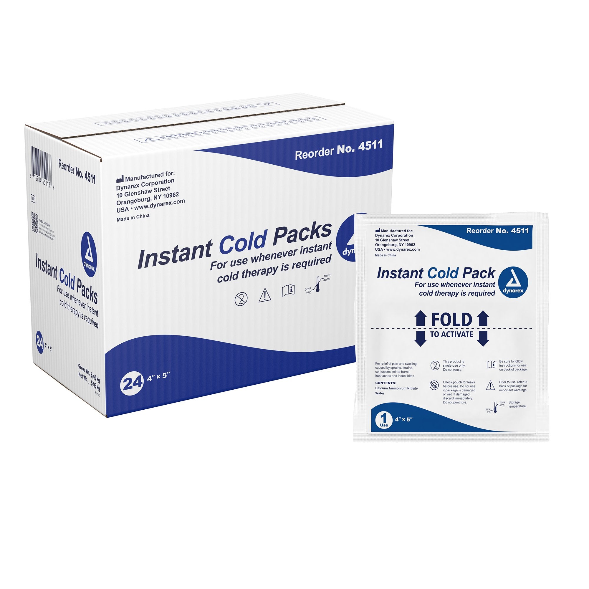 Dynarex - Instant Cold Pack Dynarex® General Purpose One Size Fits Most 4 X 5 Inch Plastic / Calcium Ammonium Nitrate / Water Disposable [24/CS]