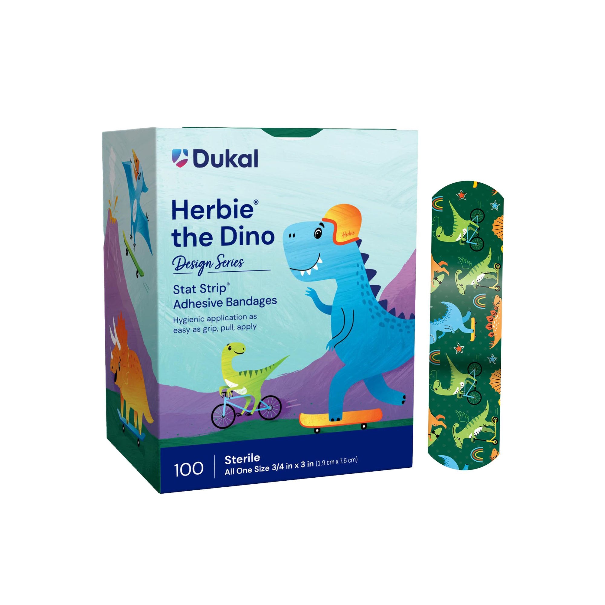 Dukal - Adhesive Strip Designer Series with Stat Strip® Technology 3/4 X 3 Inch Plastic Rectangle Kid Design (Herbie the Dinosaur) Sterile [1200/CS]