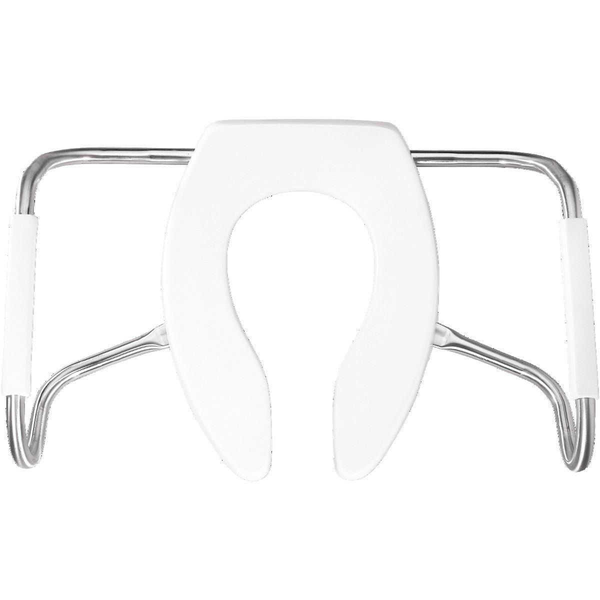 Bemis Elongated Open Front Less Cover Medic-Aid® Plastic Toilet Seat in White with STA-TITE® Commercial Fastening System, DuraGuard® and Stainless Steel Safety Side Arms