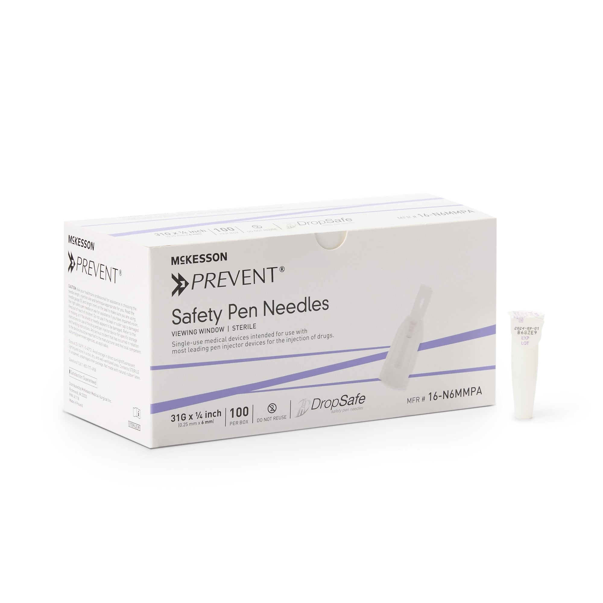 McKesson Brand - Safety Insulin Pen Needle McKesson Prevent® 31 Gauge 6 mm Length Automatic Safety Without Back-End Shield [2000/CS]