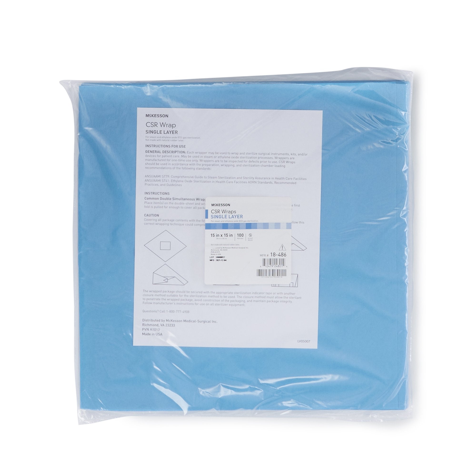 McKesson Brand - McKesson Sterilization Wrap Blue 15 X 15 Inch Single Layer Cellulose Steam / EO Gas [10/CS]