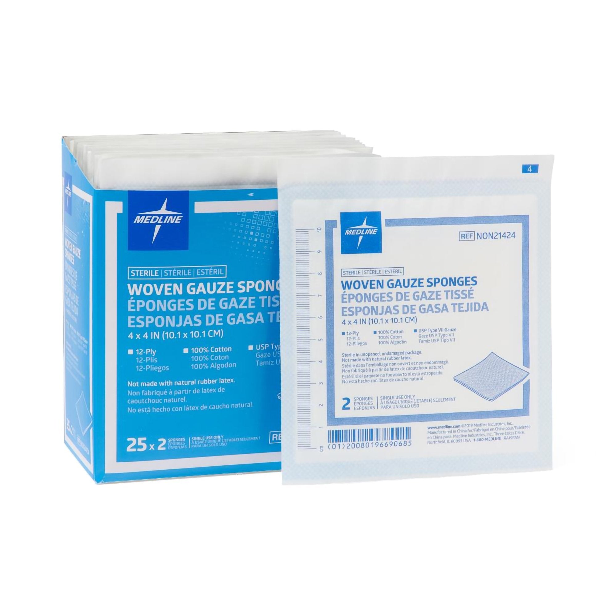 Medline - Gauze Sponge Medline 4 X 4 Inch 12-Ply Sterile 2 per Pack [600/CS]