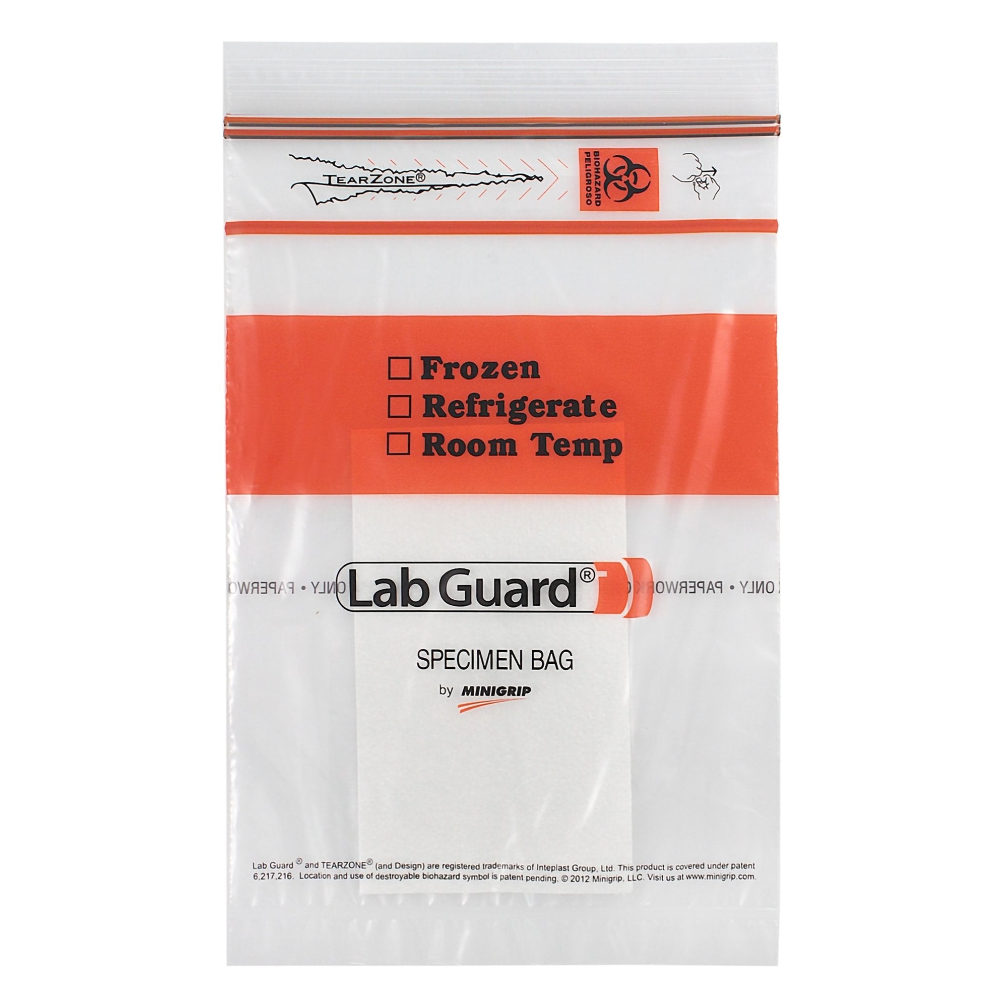 Minigrip - Specimen Transport Bag with Document Pouch and Absorbent Pad Lab Guard® Double Zipper 6 X 9 Inch Zip Closure Biohazard Symbol / Storage Instructions NonSterile [1000/CS]