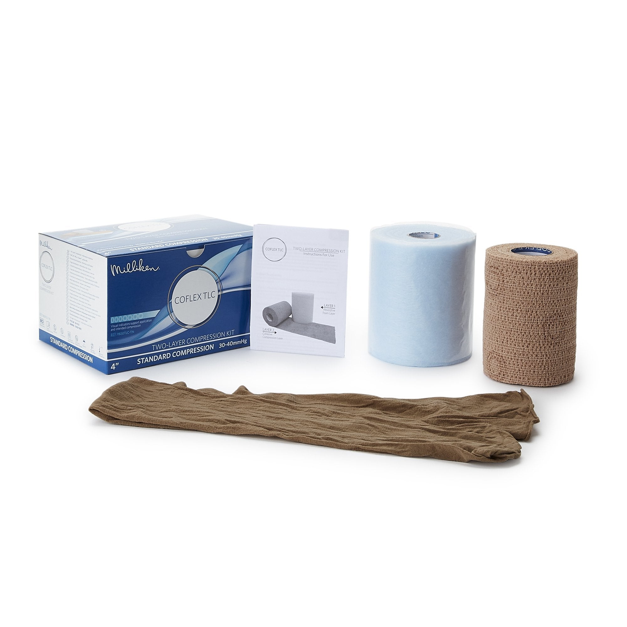 Andover Coated Products - 2 Layer Compression Bandage System CoFlex® TLC with Indicators 4 Inch X 3-2/5 Yard / 4 Inch X 5-1/10 Yard Self-Adherent / Pull On Closure Tan NonSterile 35 to 40 mmHg [8/CS]