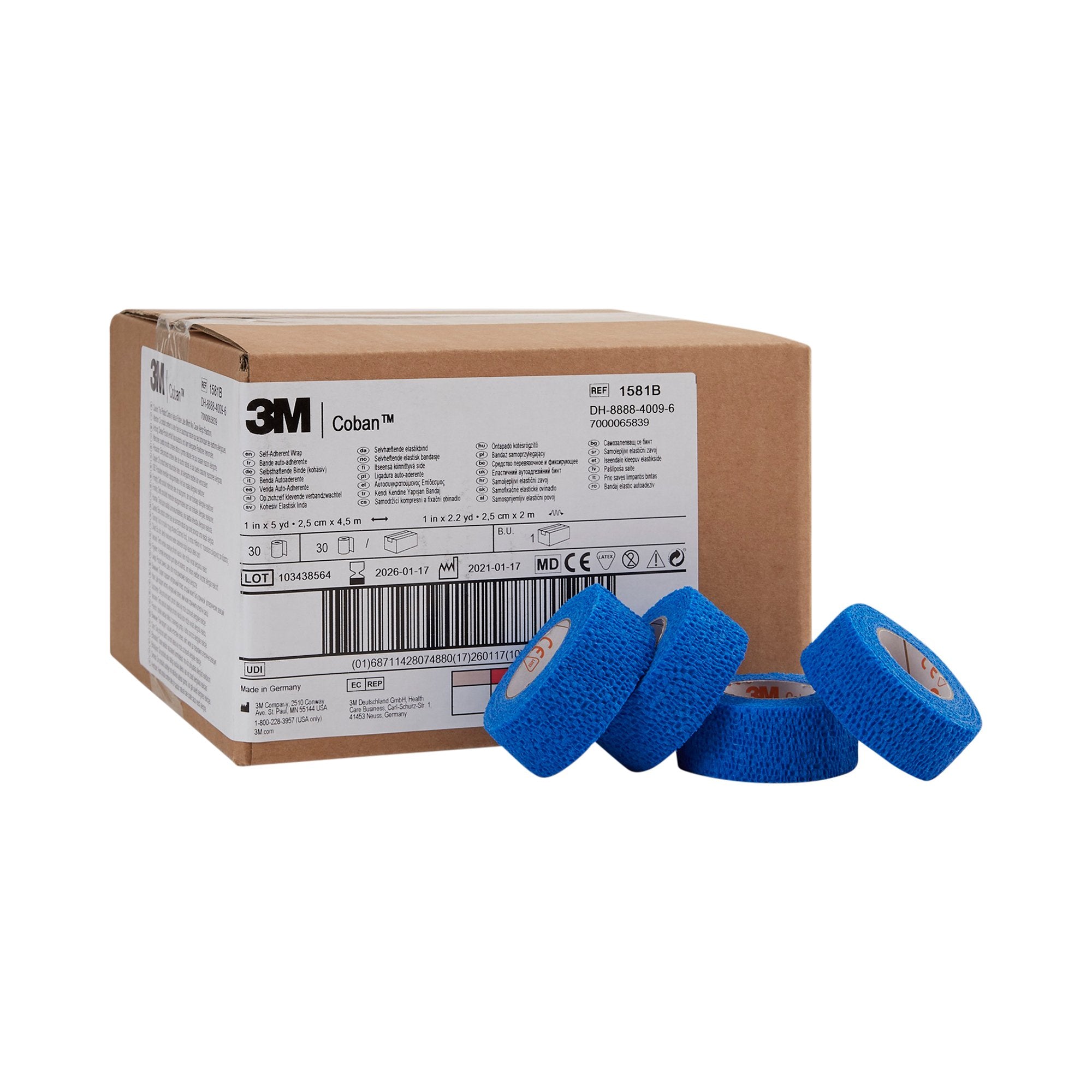 Solventum Corporation - Cohesive Bandage 3M™ Coban™ 1 Inch X 5 Yard Self-Adherent Closure Blue NonSterile Standard Compression [30/CS]