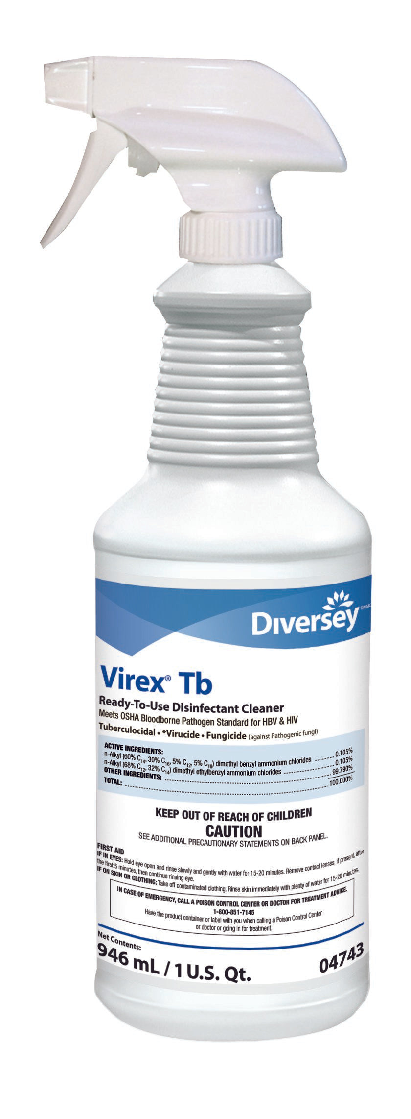 Lagasse - Diversey™ Virex® Tb Surface Disinfectant Cleaner Quaternary Based Pump Spray Liquid 32 oz. Bottle Lemon Scent NonSterile [12/CS]