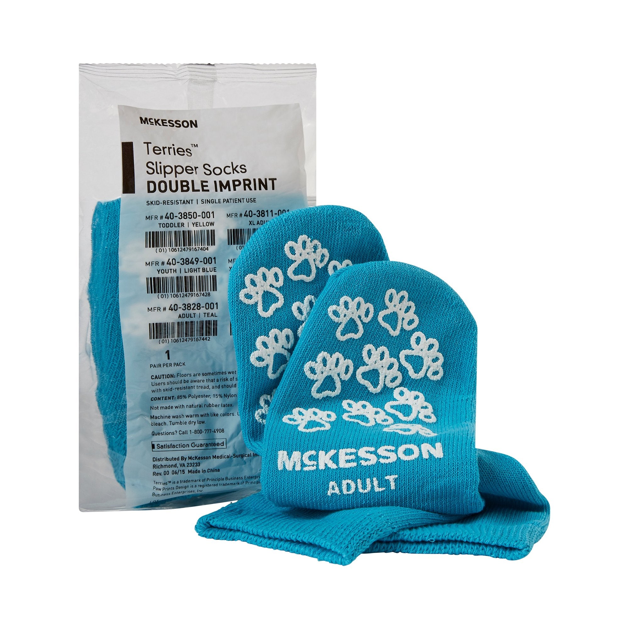 McKesson Brand - Slipper Socks McKesson Terries™ Unisex Adult One Size Fits Most Double Tread Single Patient Use Teal [48/CS]