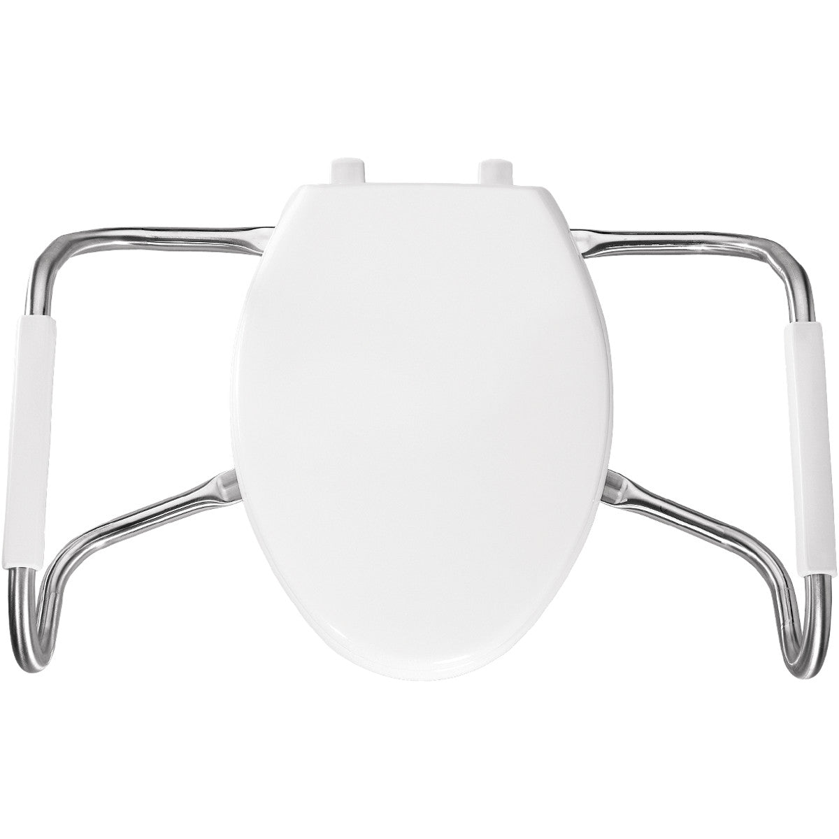 Bemis Elongated Open Front With Cover Medic-Aid® Plastic Toilet Seat in White with STA-TITE® Commercial Fastening System, DuraGuard® and Stainless Steel Safety Side Arms