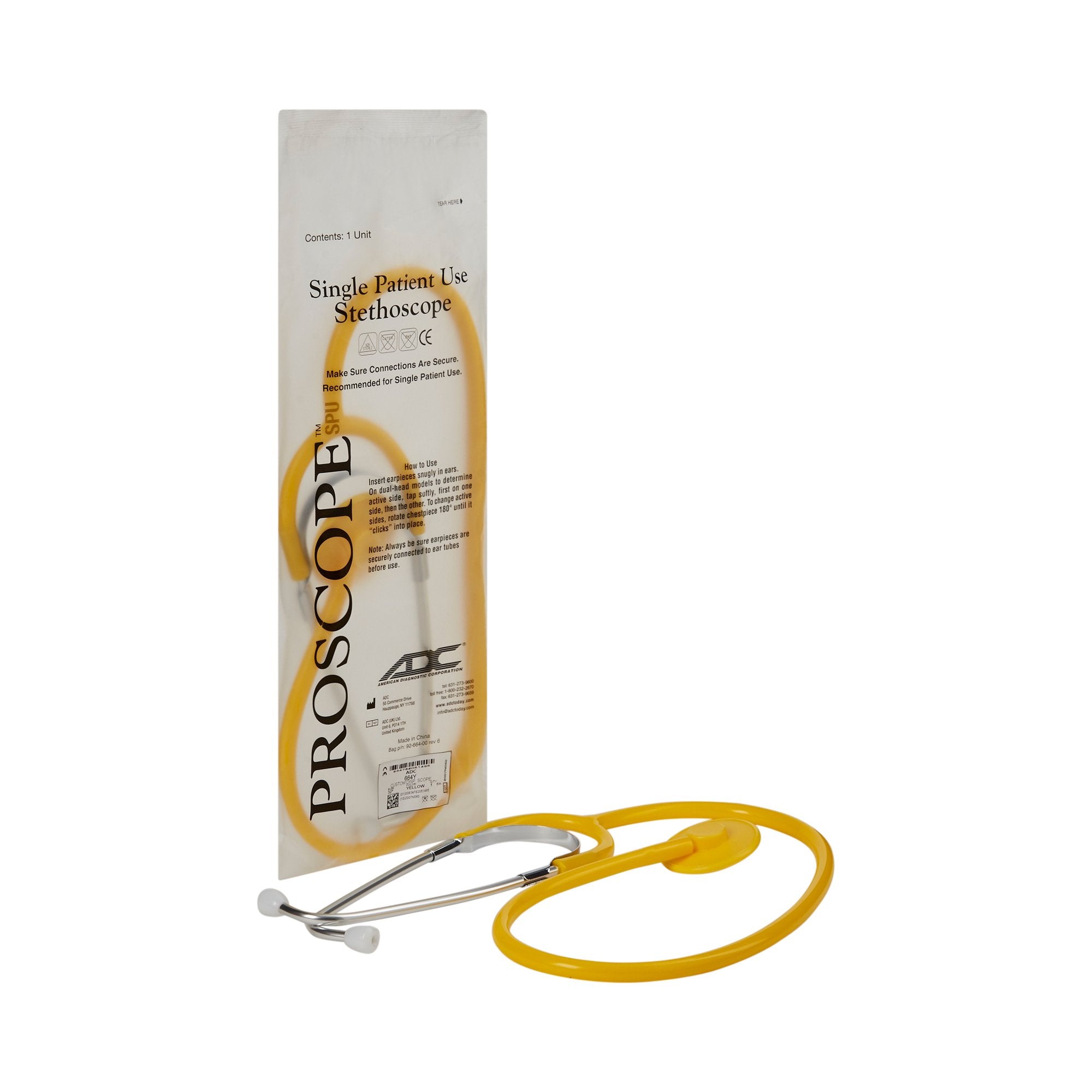 American Diagnostic Corp - Disposable Stethoscope Proscope™ 664 Yellow 1-Tube 22 Inch Tube Single Sided Chestpiece [50/CS]